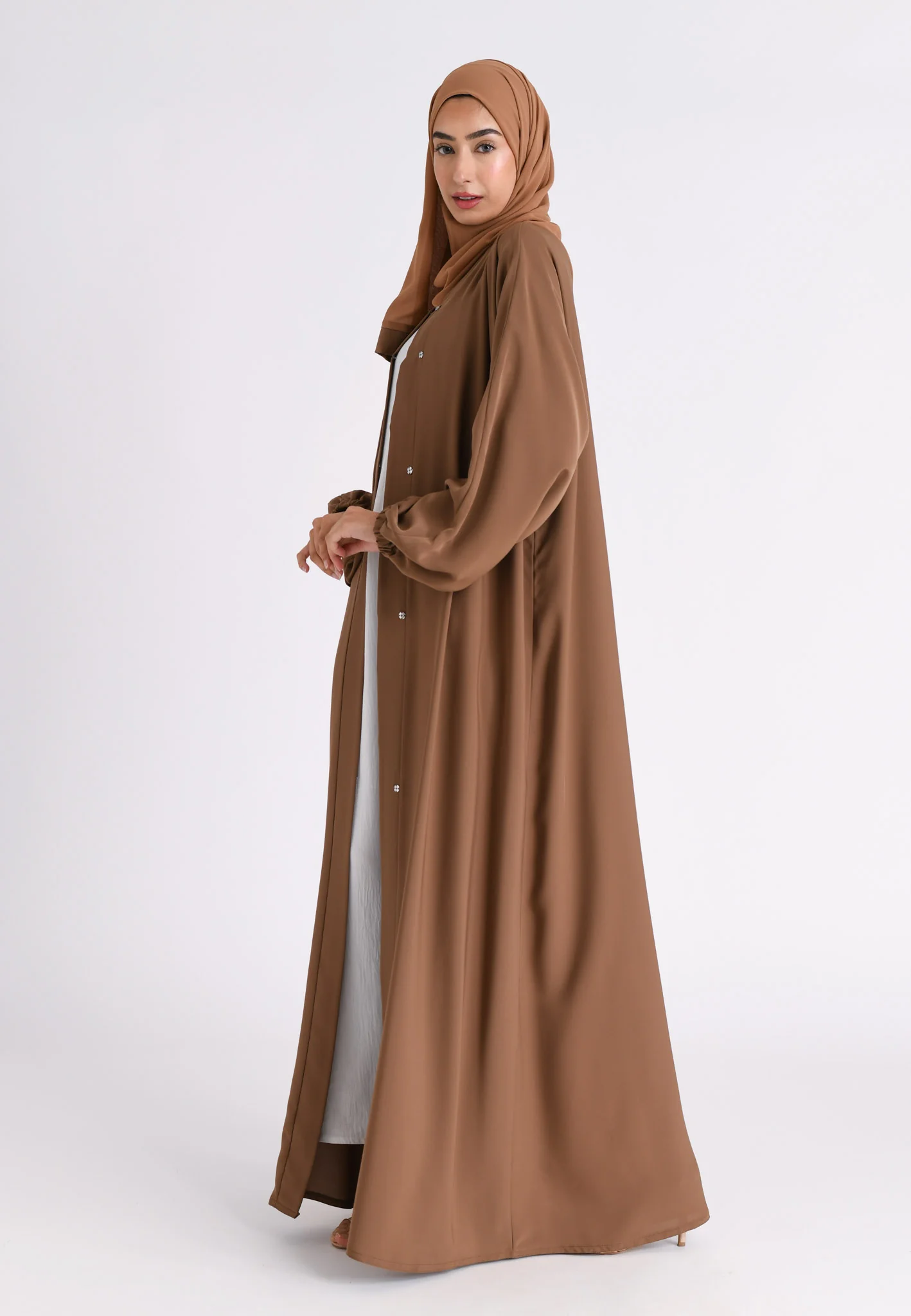 Toffee Plain Open Abaya With Elasticated Cuff Sleeves (Premium) - Hayah Al-Muslimah