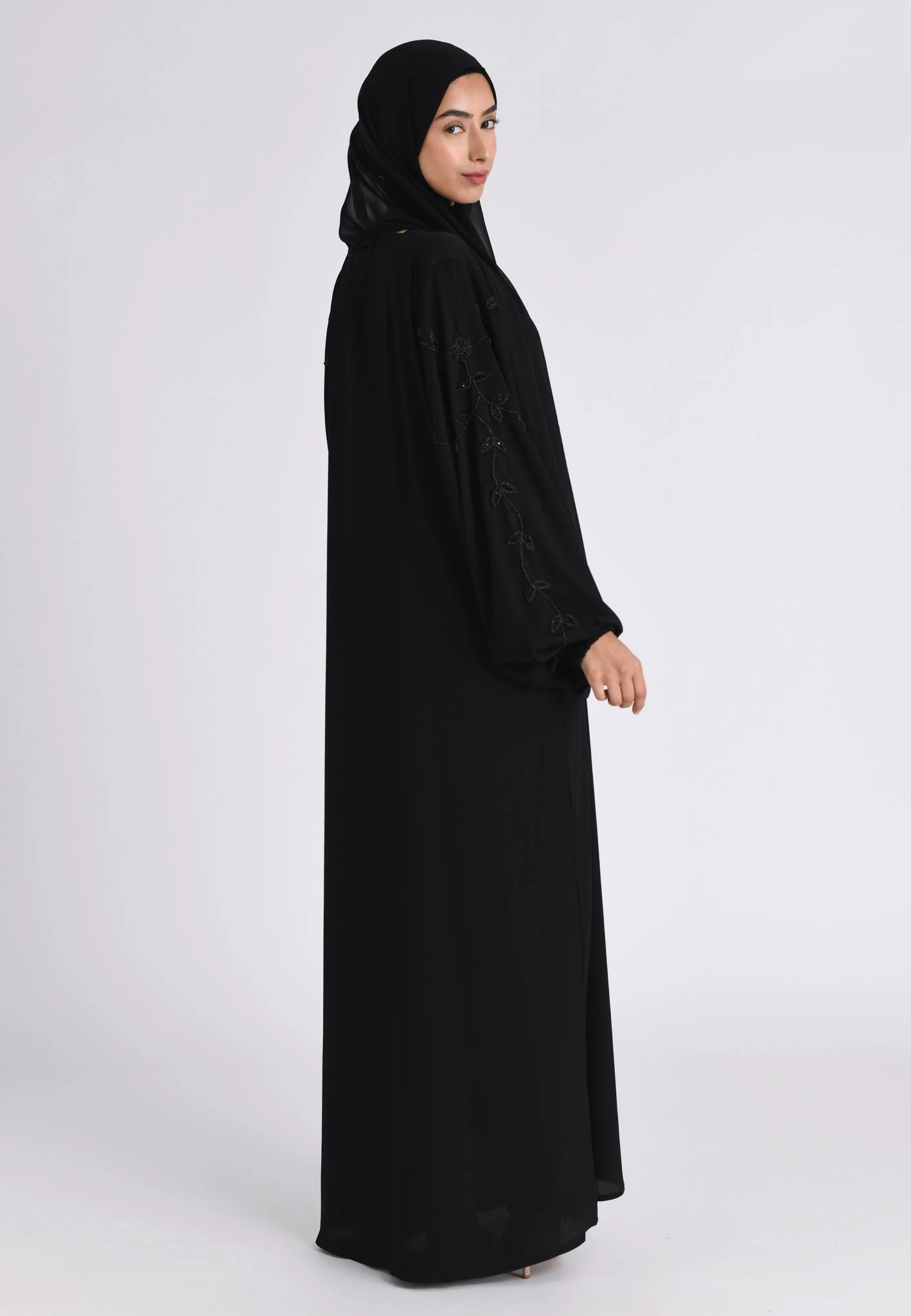 Black on Black Embellished Cuff Abaya (Premium) - Hayah Al-Muslimah
