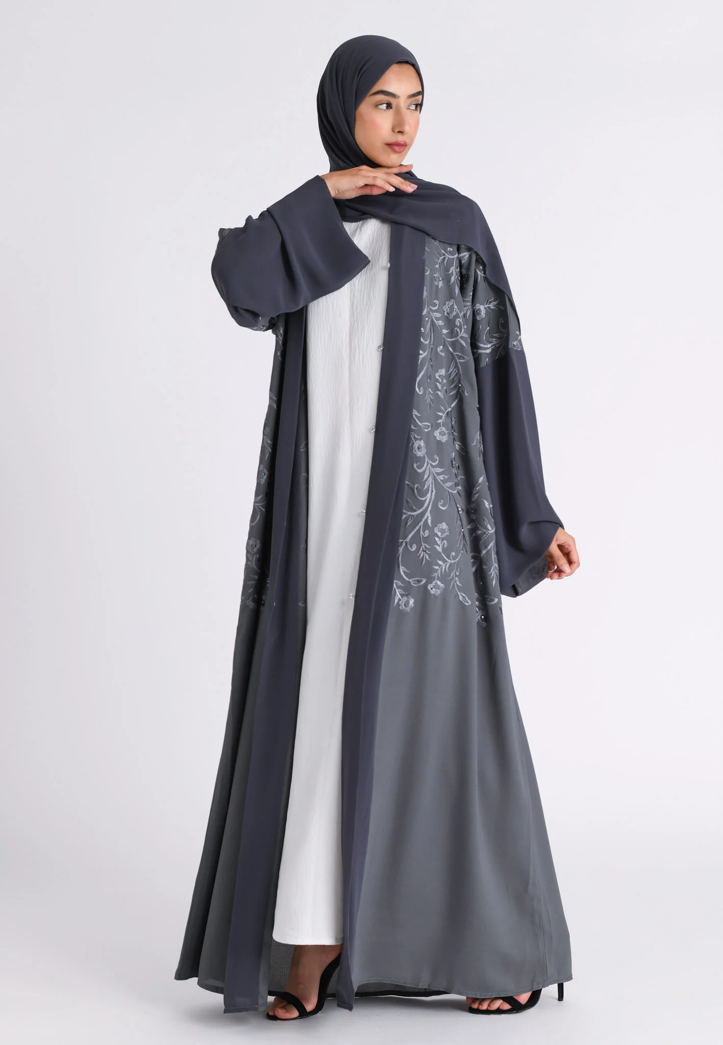 Grey Floral Bloom Kimono Abaya (Premium) - Hayah Al-Muslimah