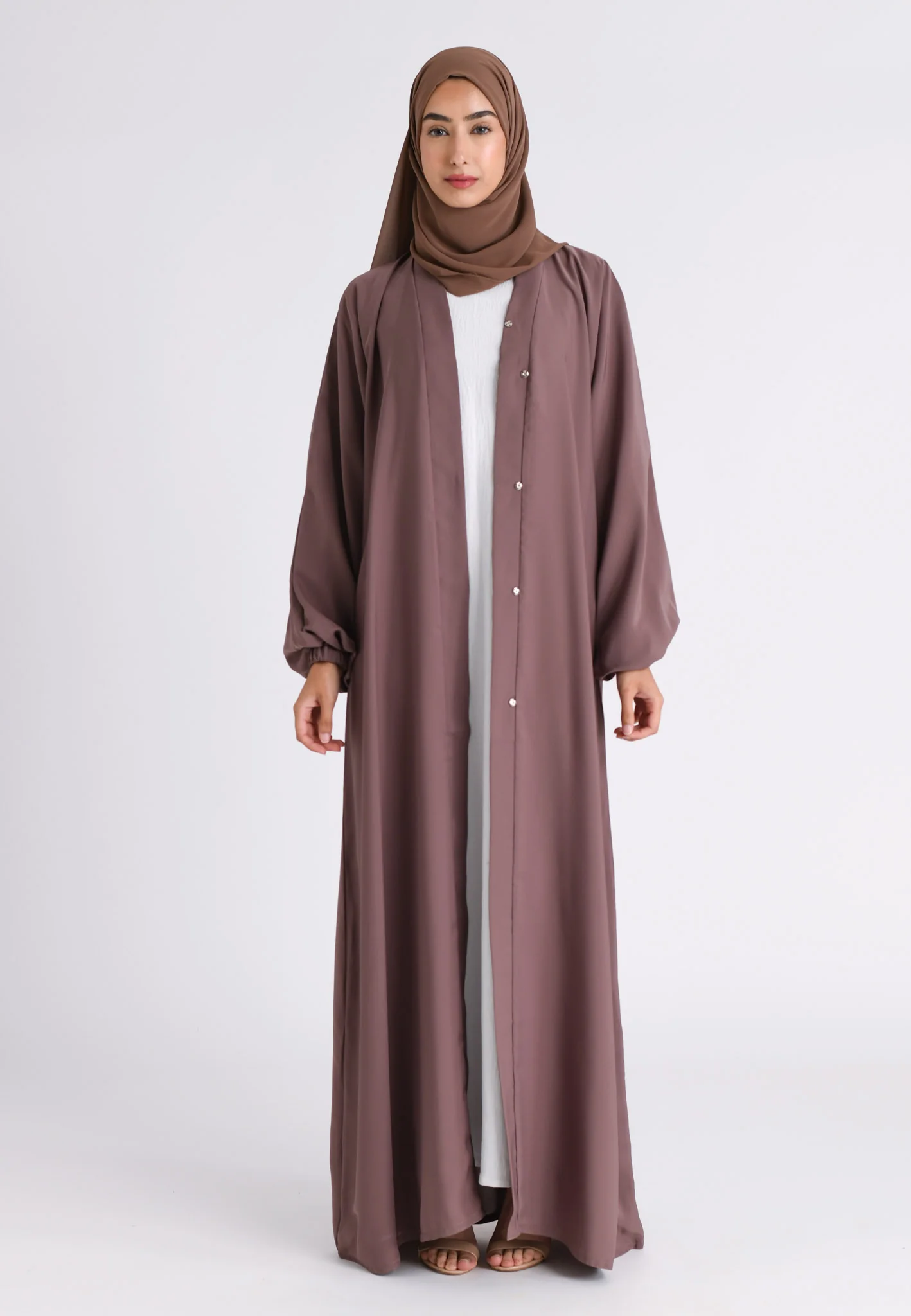 Plain Taupe Open Abaya With Elasticated Cuff Sleeves (Premium) - Hayah Al-Muslimah