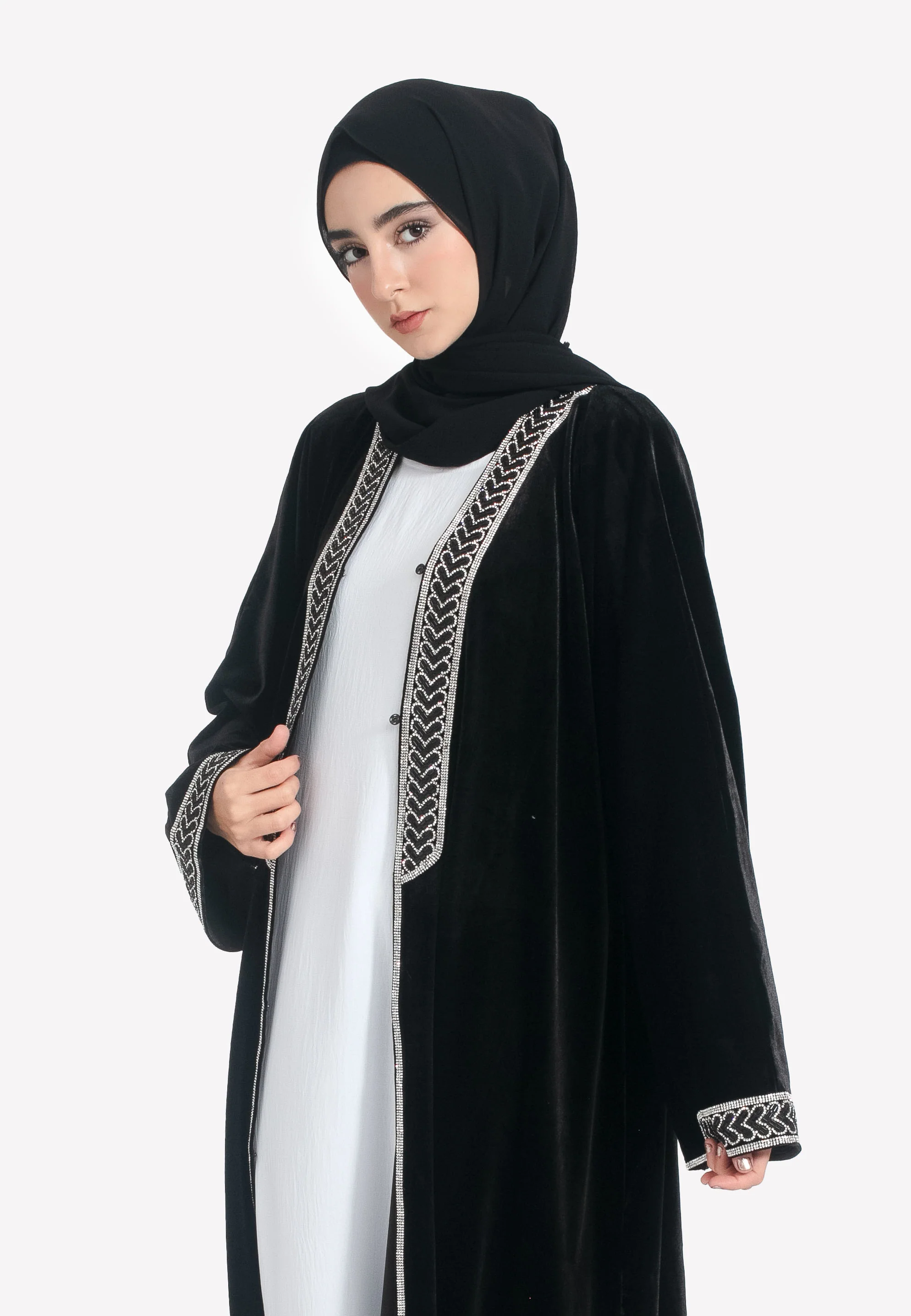 Luxury Black Velvet Embellished Open Abaya - Hayah Al-Muslimah
