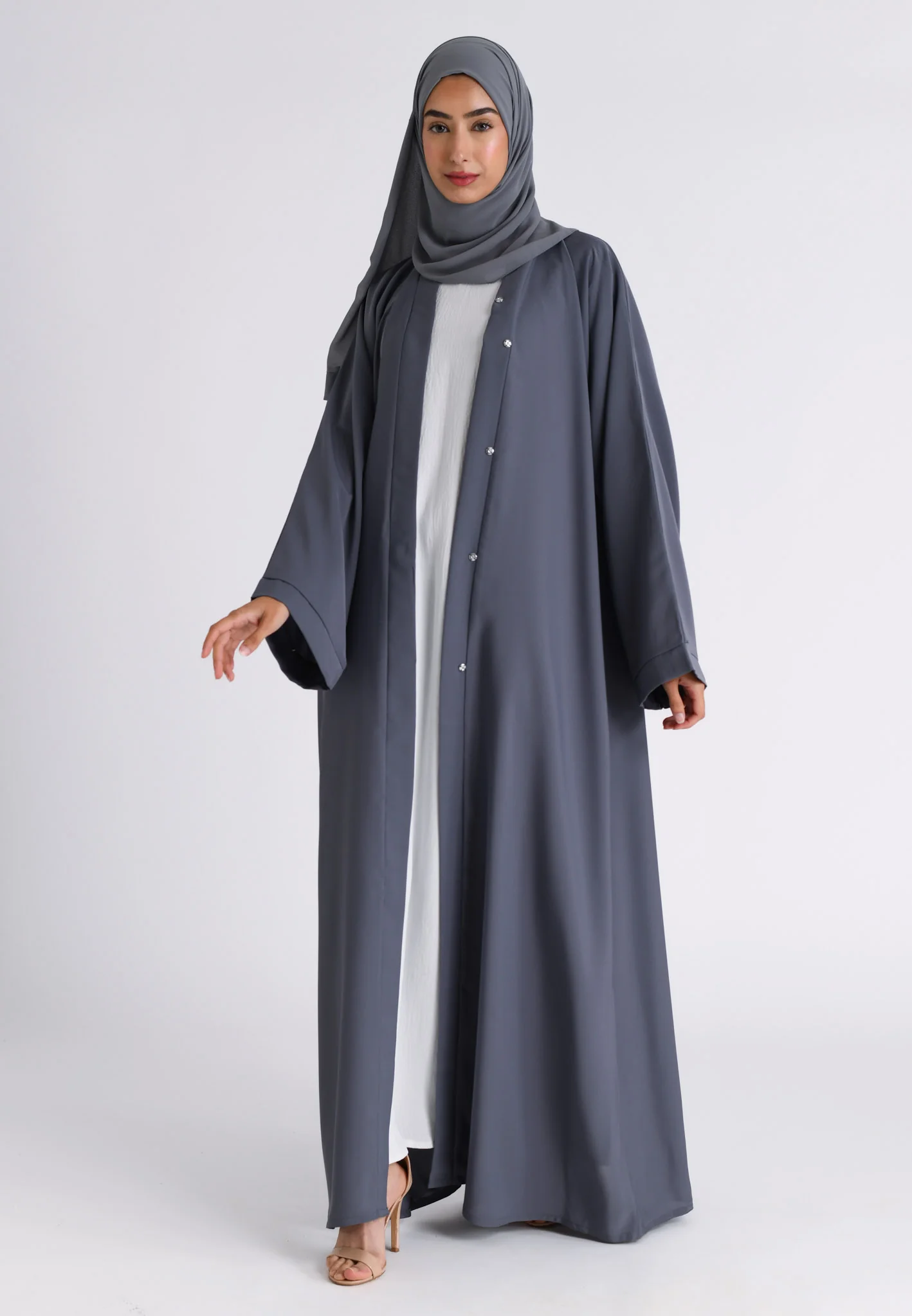 Plain Pearl Grey Open Abaya (Premium) - Hayah Al-Muslimah