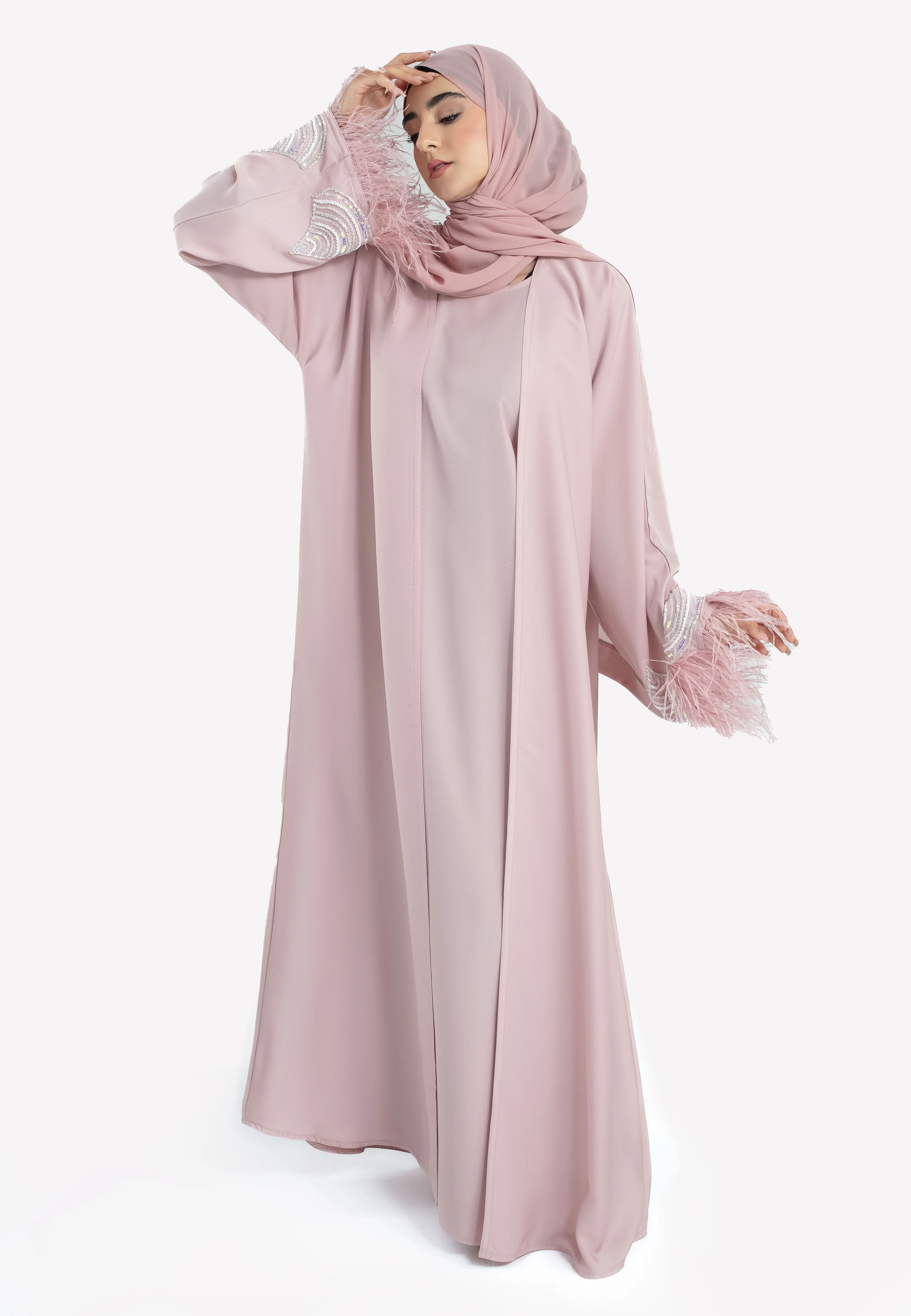 Luxury Rose Blush Feathered 4-Piece Abaya Set - Hayah Al-Muslimah