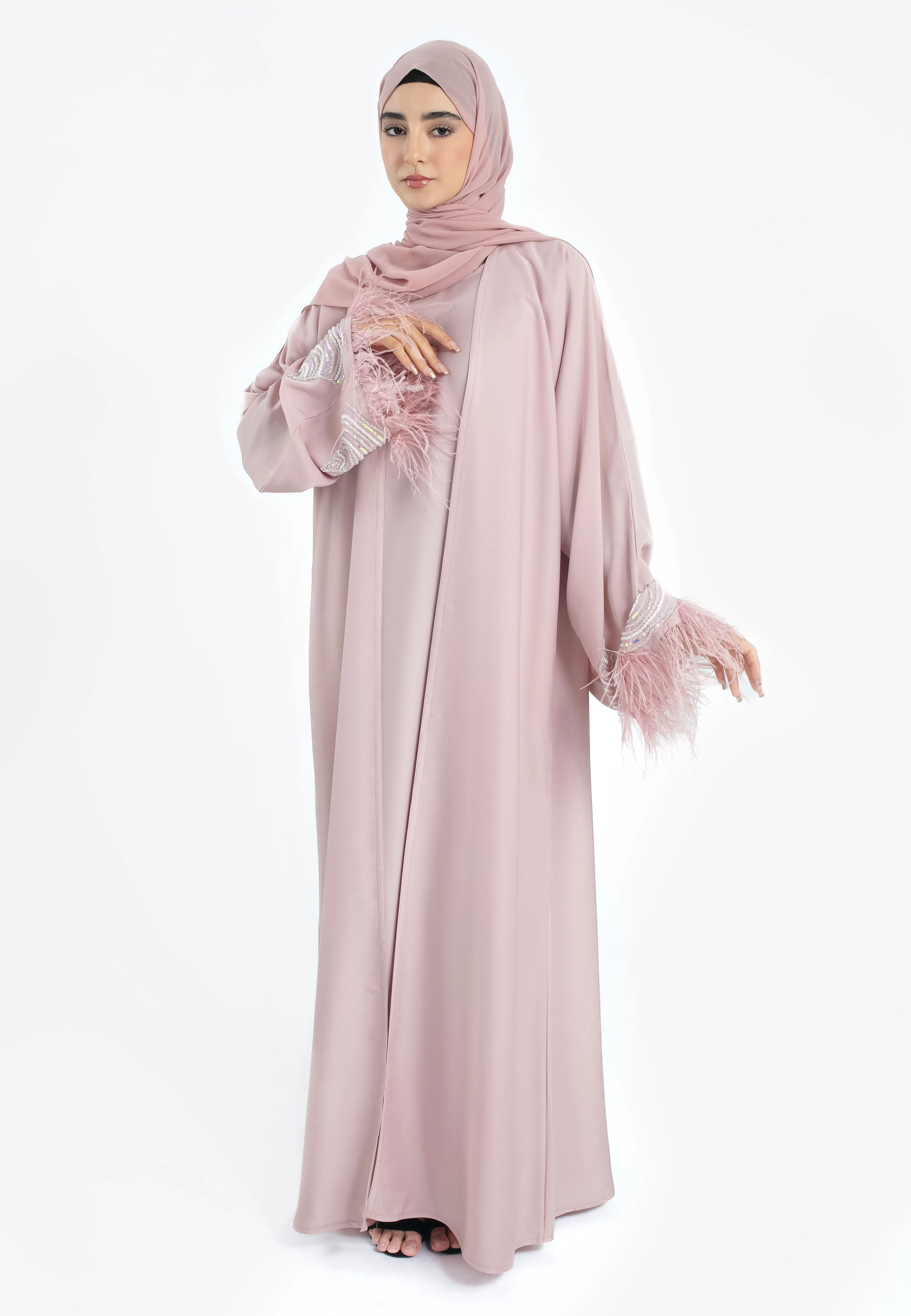 Luxury Rose Blush Feathered 4-Piece Abaya Set - Hayah Al-Muslimah