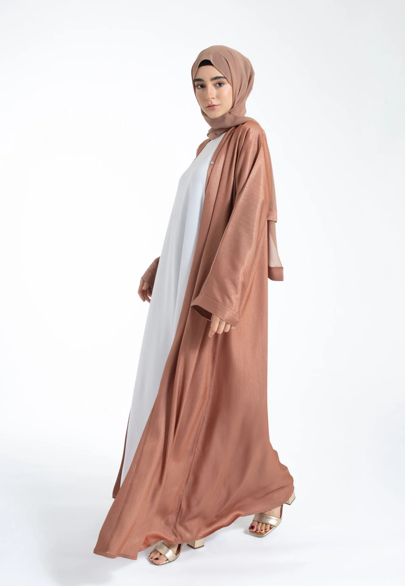 Shimmer Textured Open Abaya - Copper - Hayah Al-Muslimah