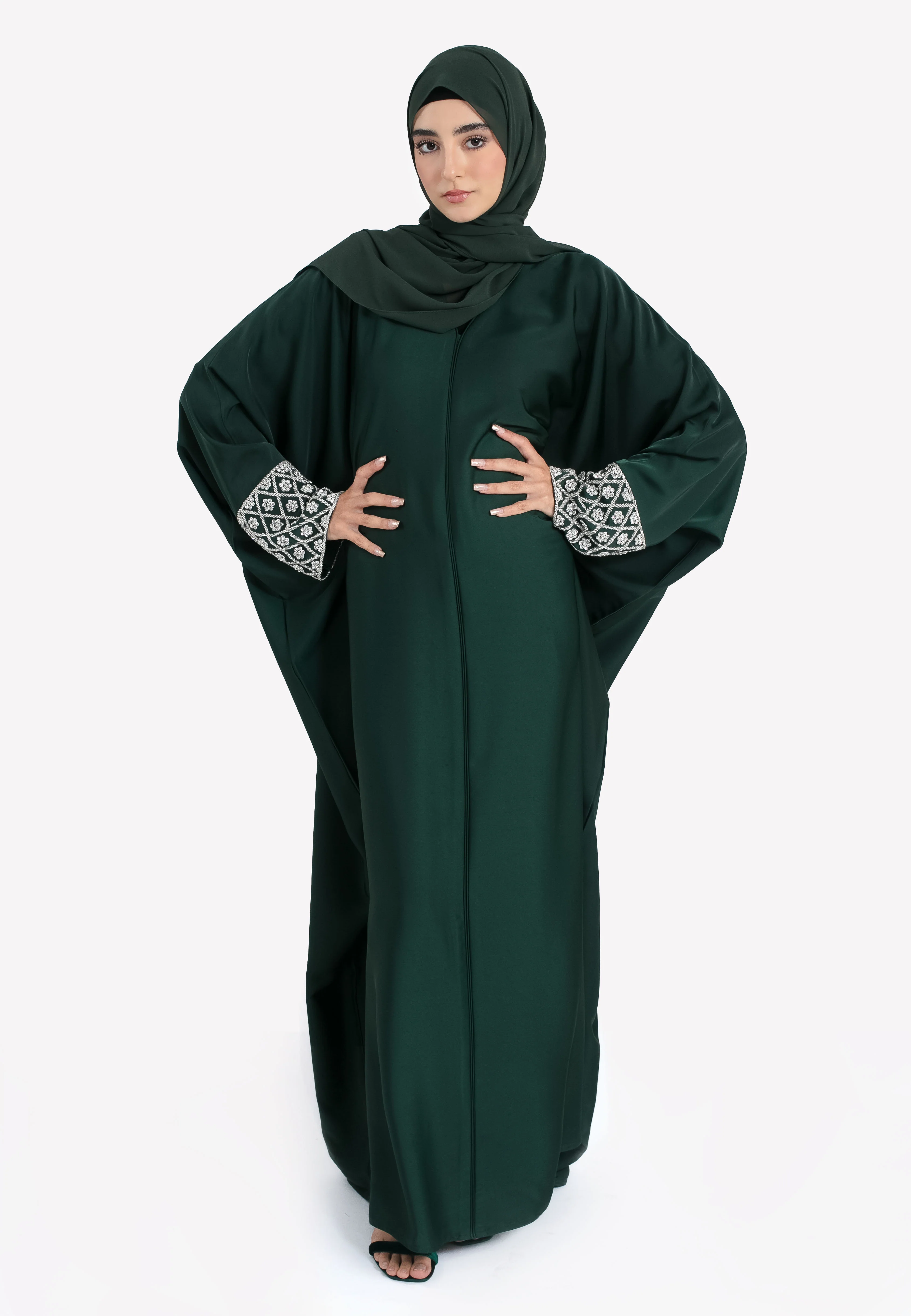 Luxury Forest Closed Farasha with Jewel Embellished Cuffs - Hayah Al-Muslimah