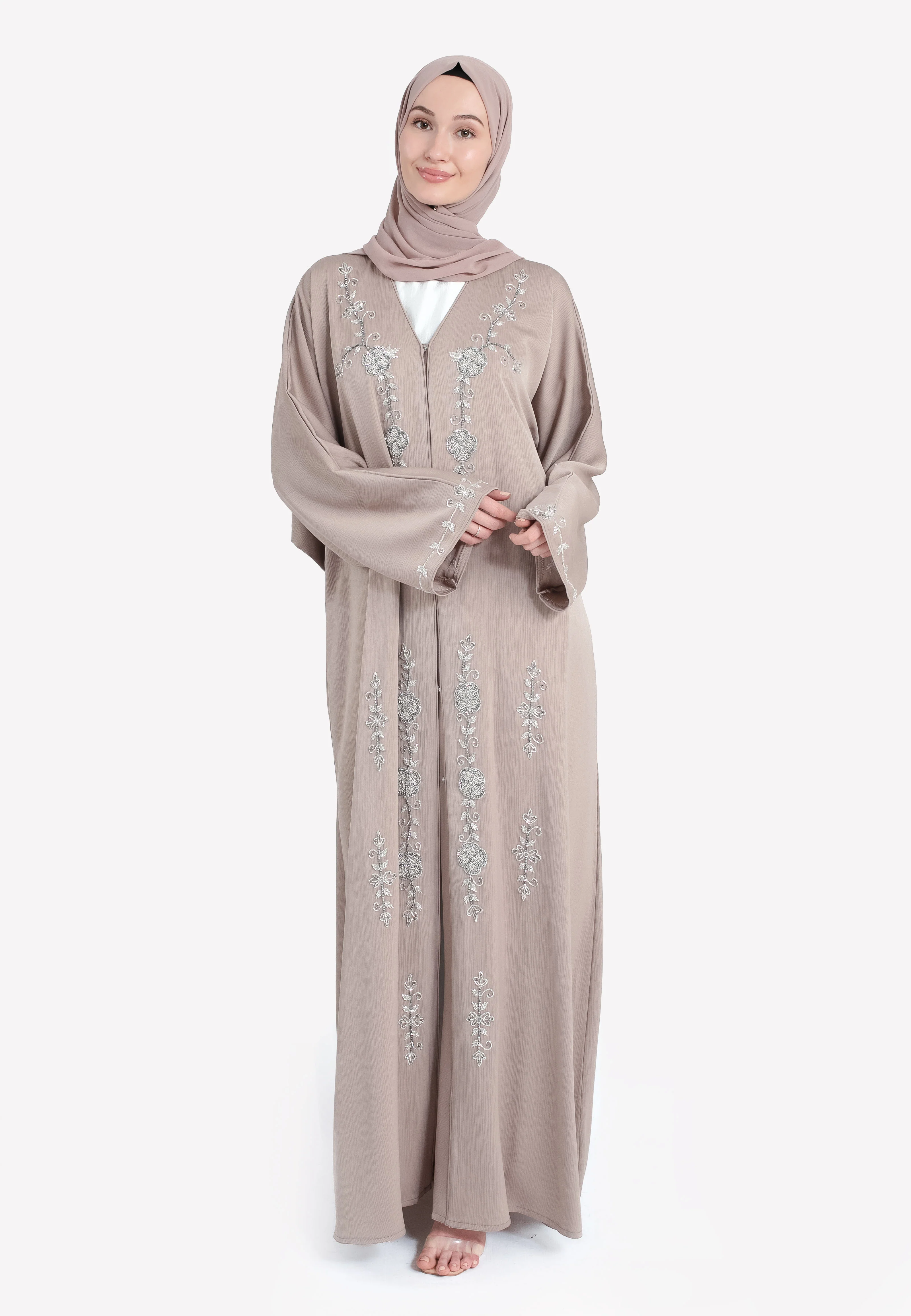 Oat Textured Embellished Open Abaya - Hayah Al-Muslimah