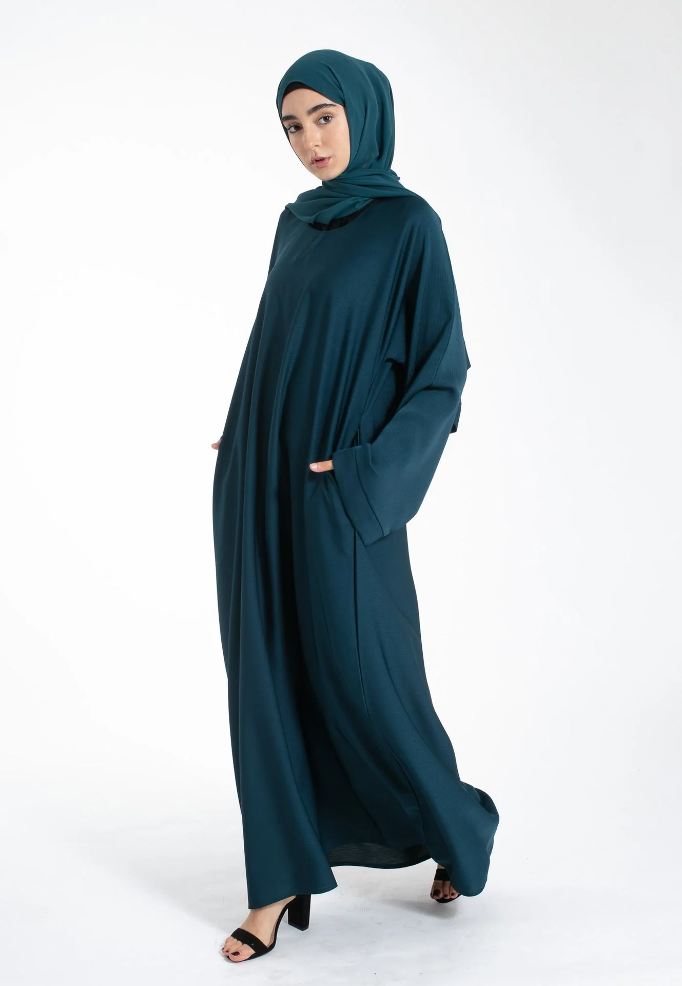 Teal Textured Abaya with Zip Pockets - Hayah Al-Muslimah
