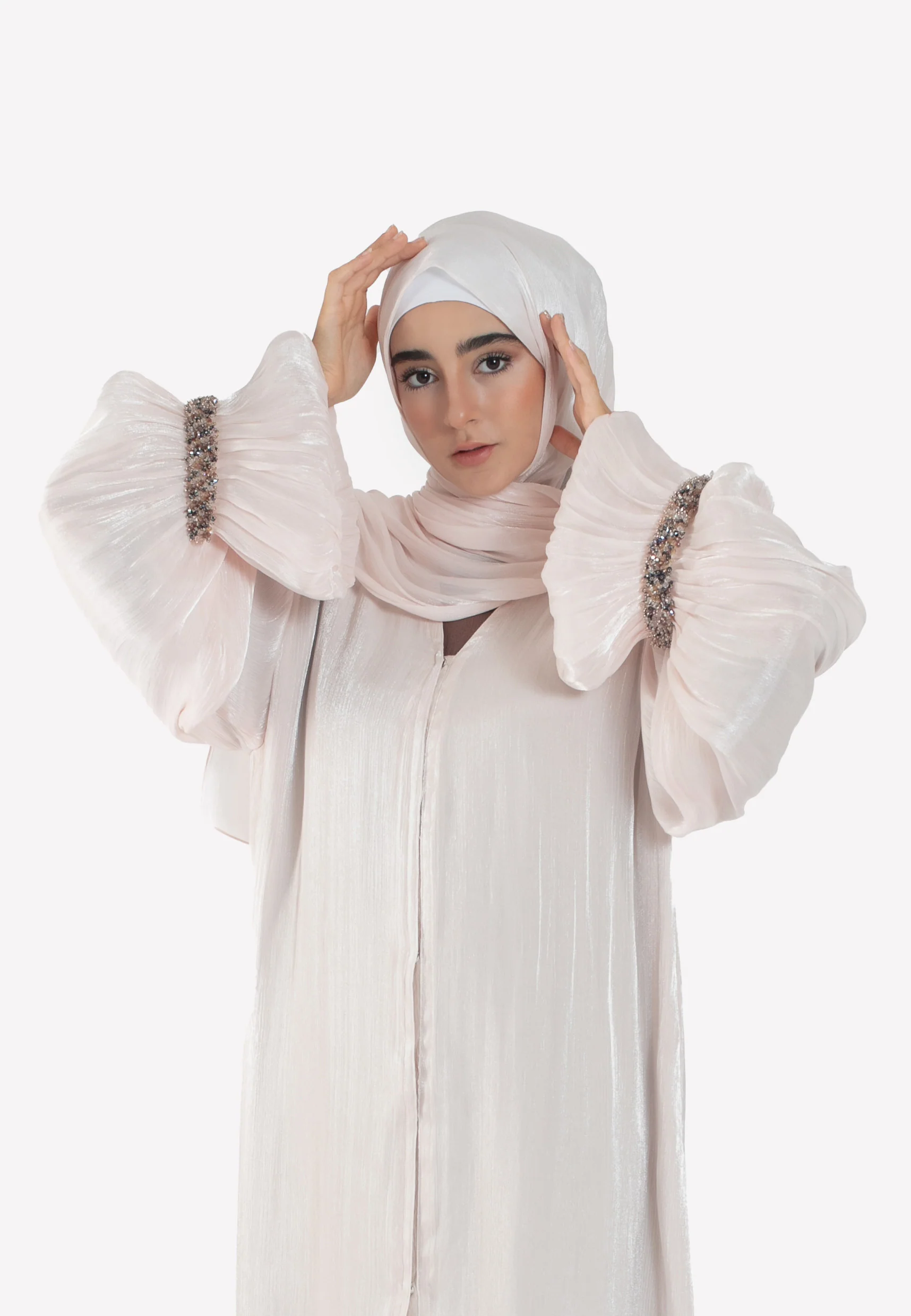 Luxury Beige Open Abaya Embellished Bell Sleeves - Hayah Al-Muslimah