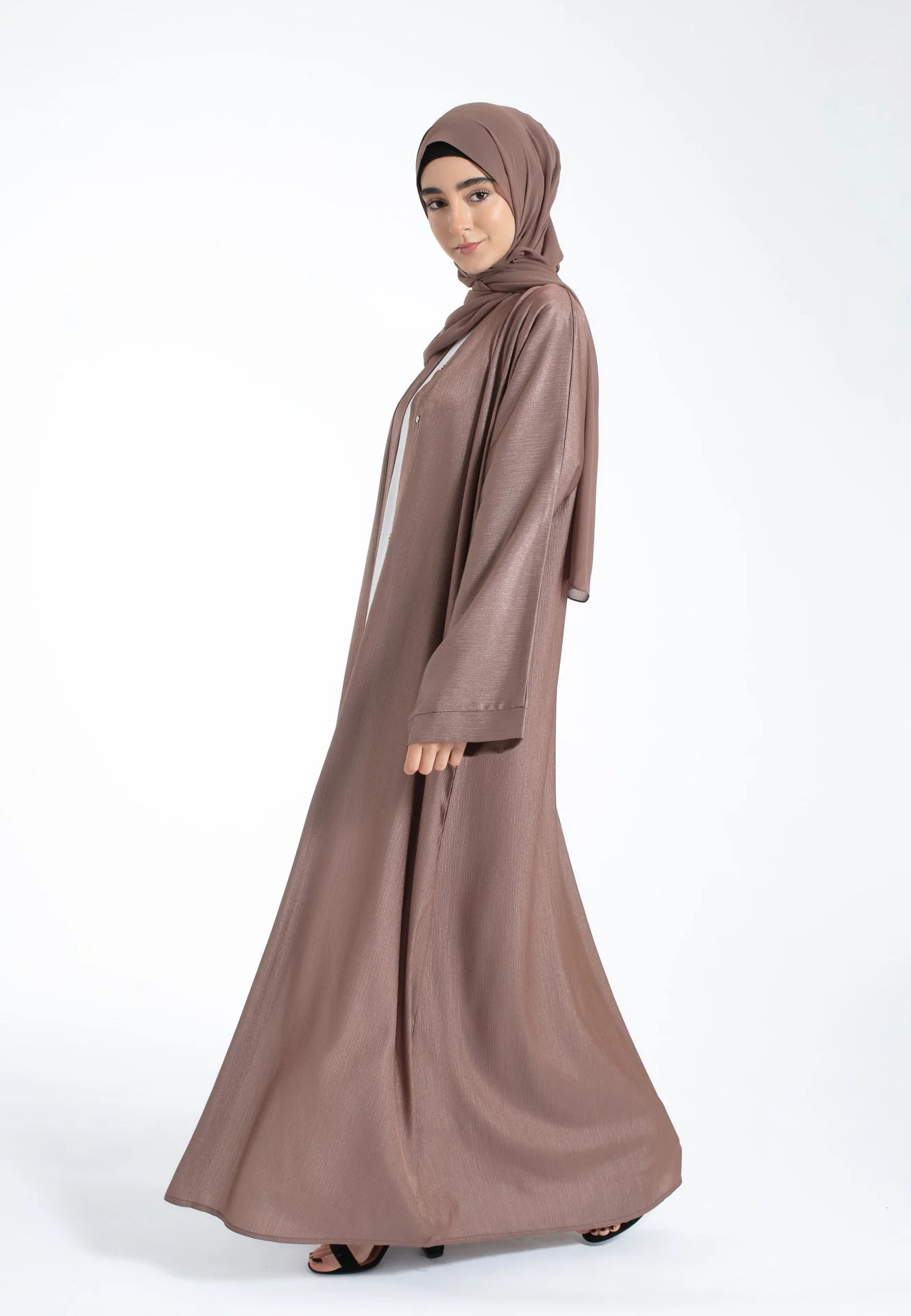 Shimmer Textured Open Abaya - Mocha - Hayah Al-Muslimah