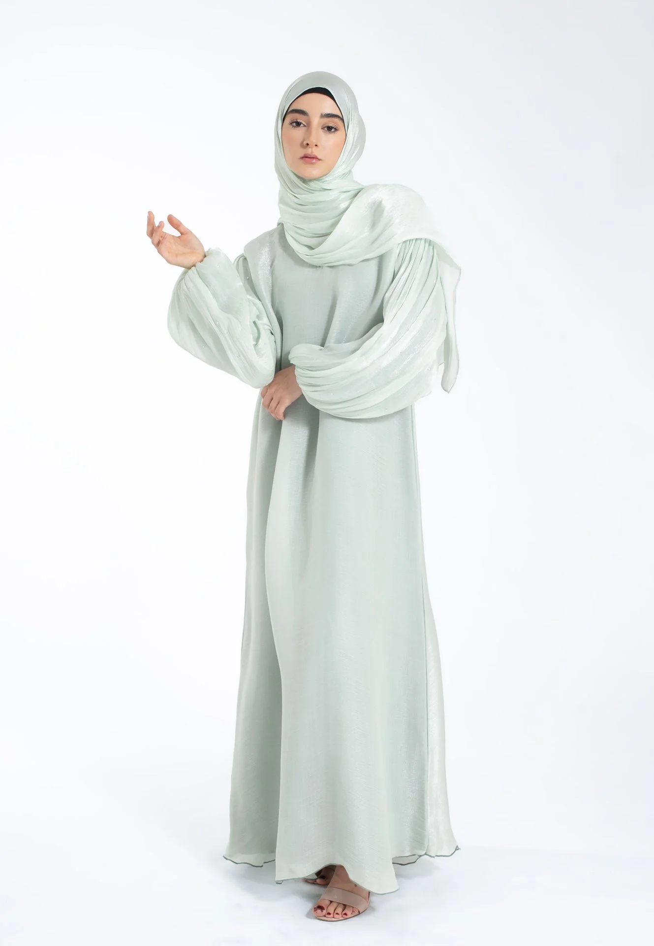 Luxury Mint Organza Dainty Embellished Closed Abaya - Hayah Al-Muslimah