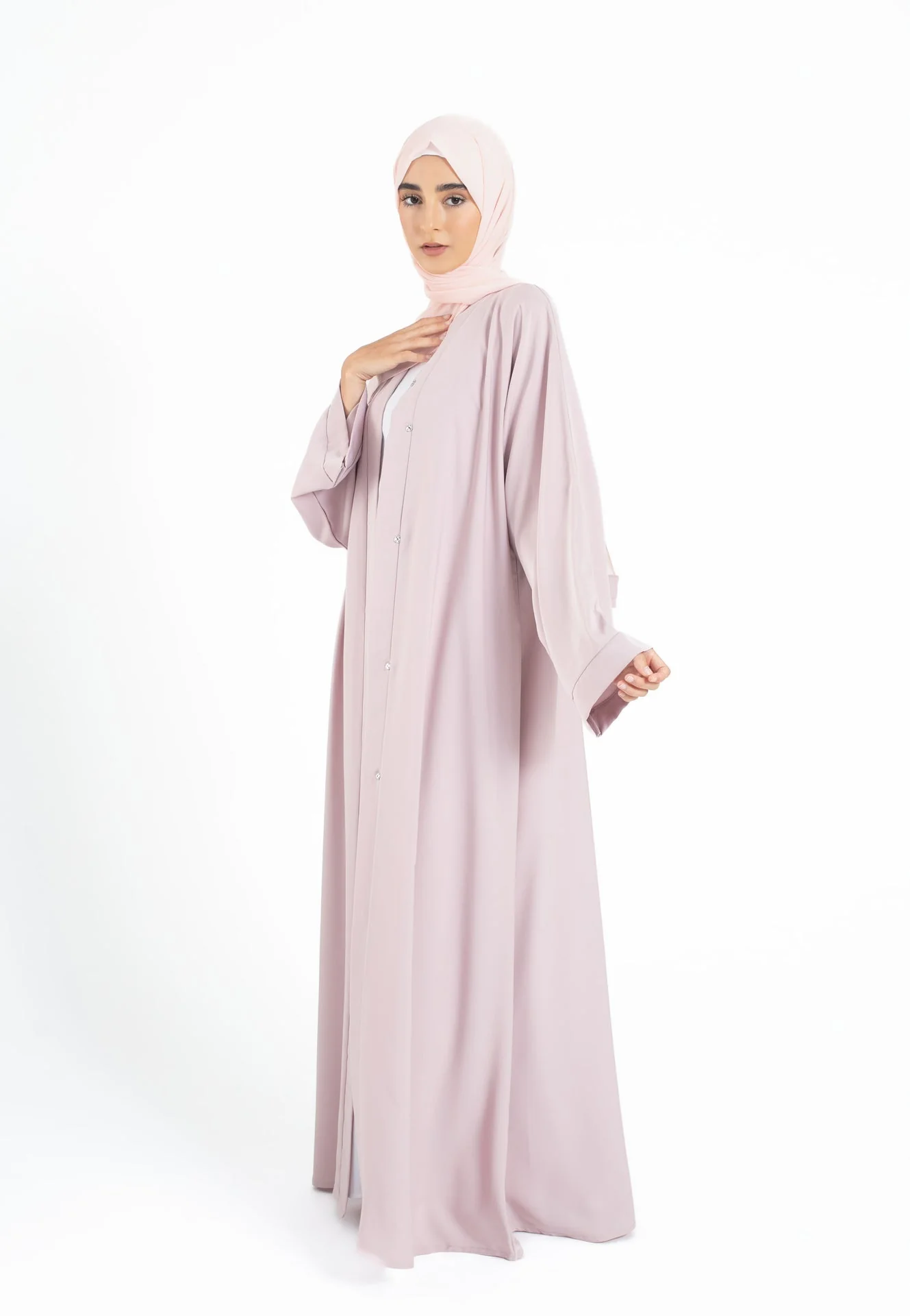 Plain Open Abaya With Wide Sleeves - Baby Pink - Hayah Al-Muslimah