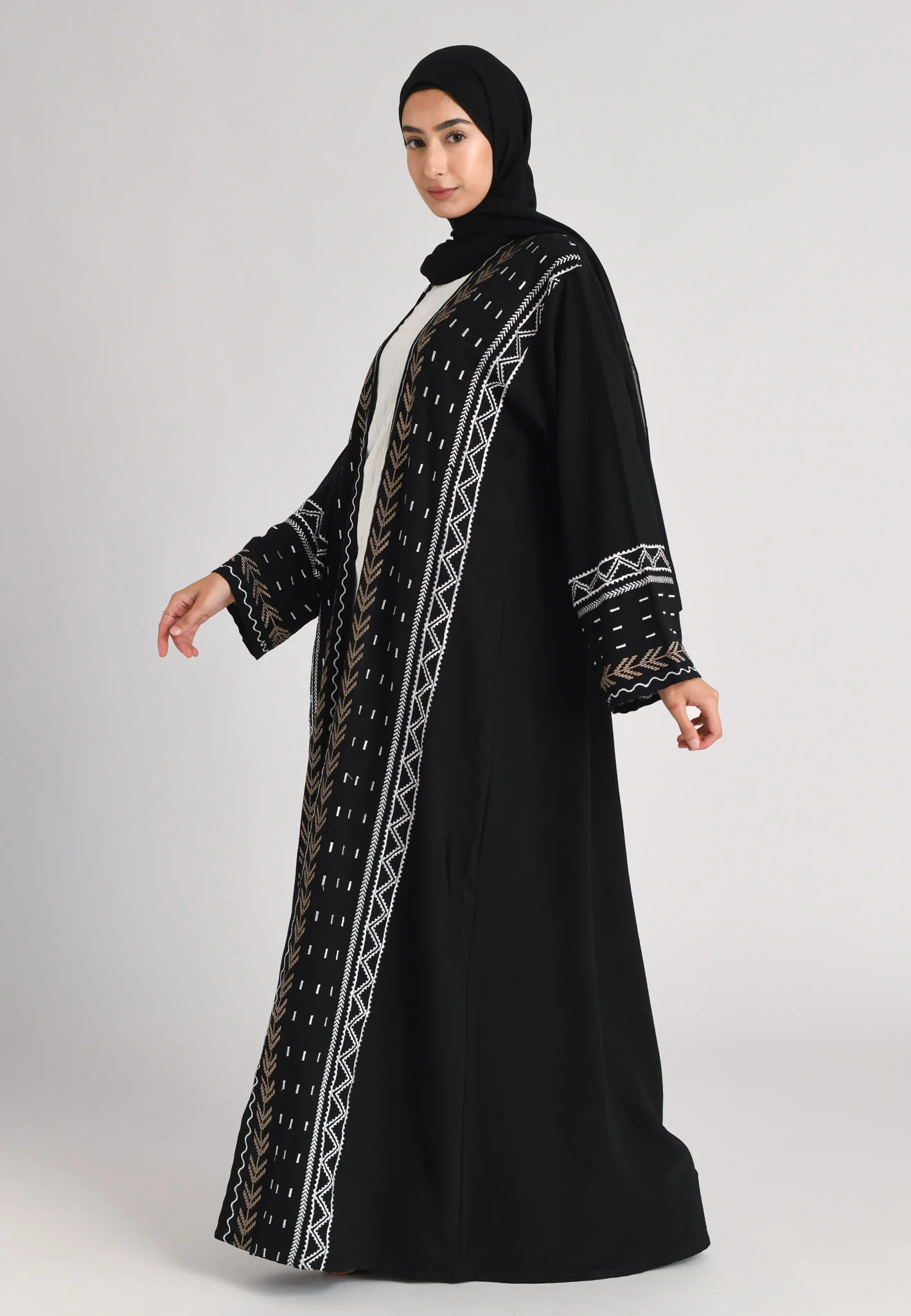 Aztec Kimono Style Embroidered Open Abaya (Premium) - Hayah Al-Muslimah