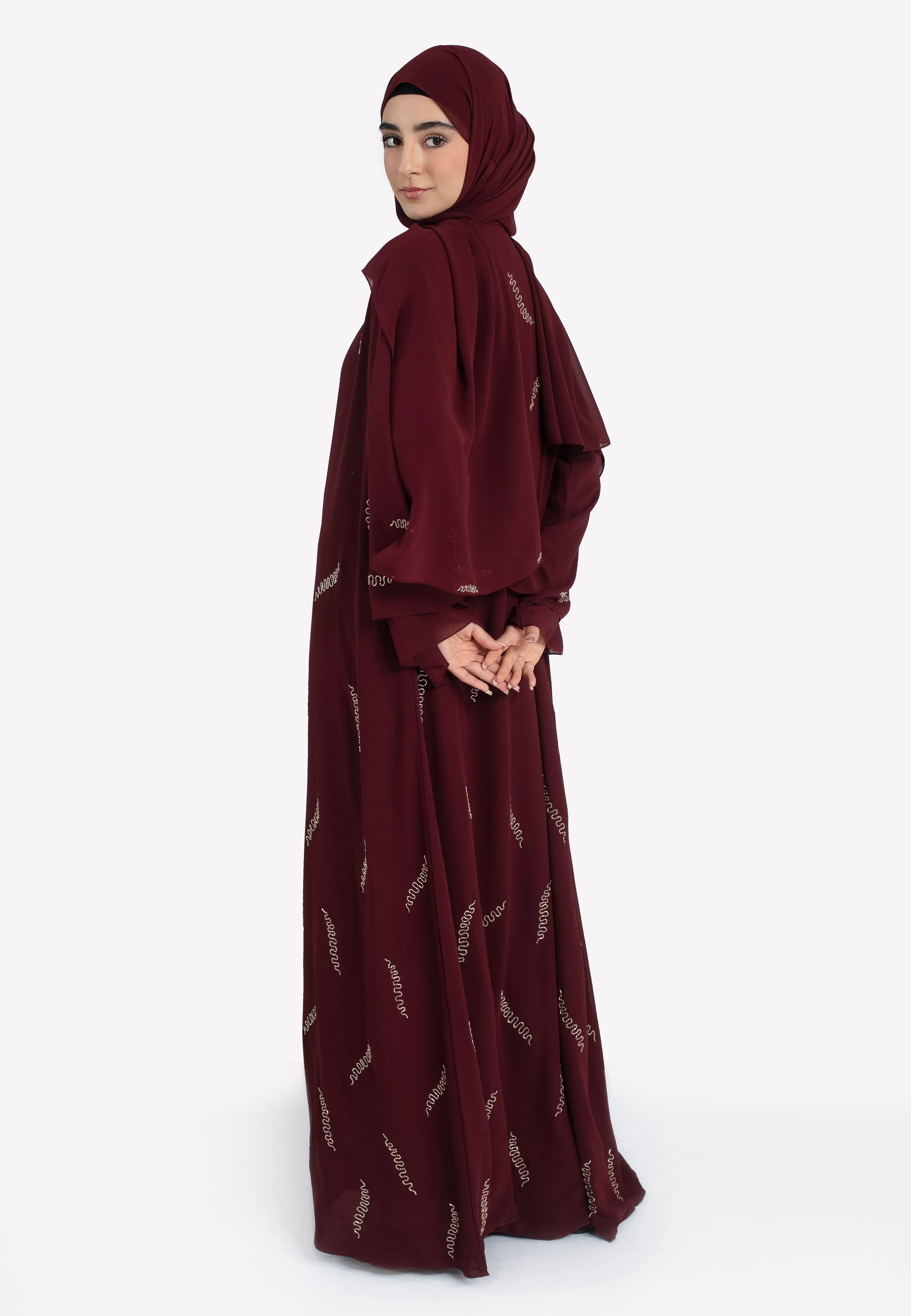 Burgundy Lined Chiffon Open Abaya with Gold Embellishments - Hayah Al-Muslimah