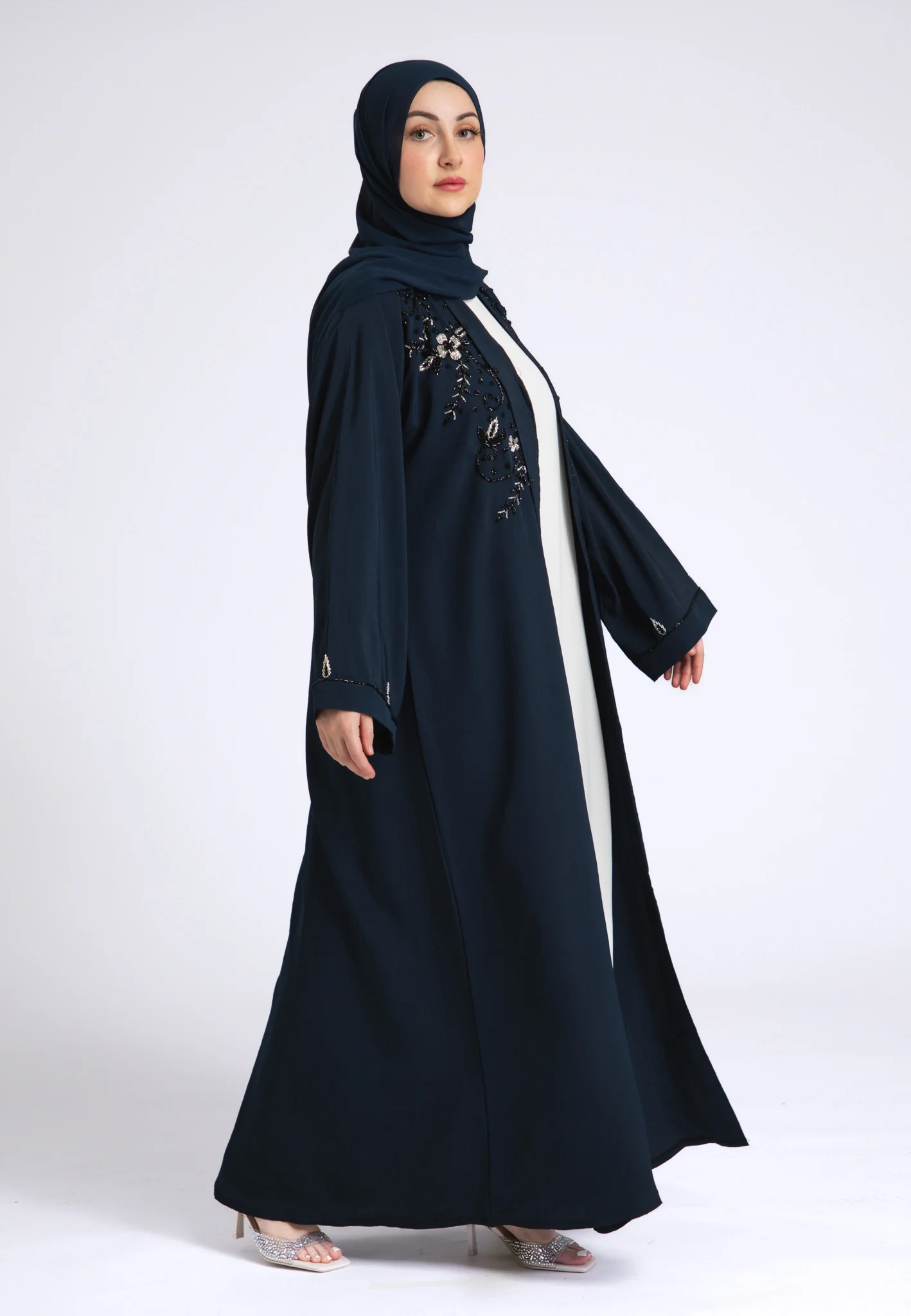 Arabian Night Navy Embellished Open Abaya (Premium) - Hayah Al-Muslimah
