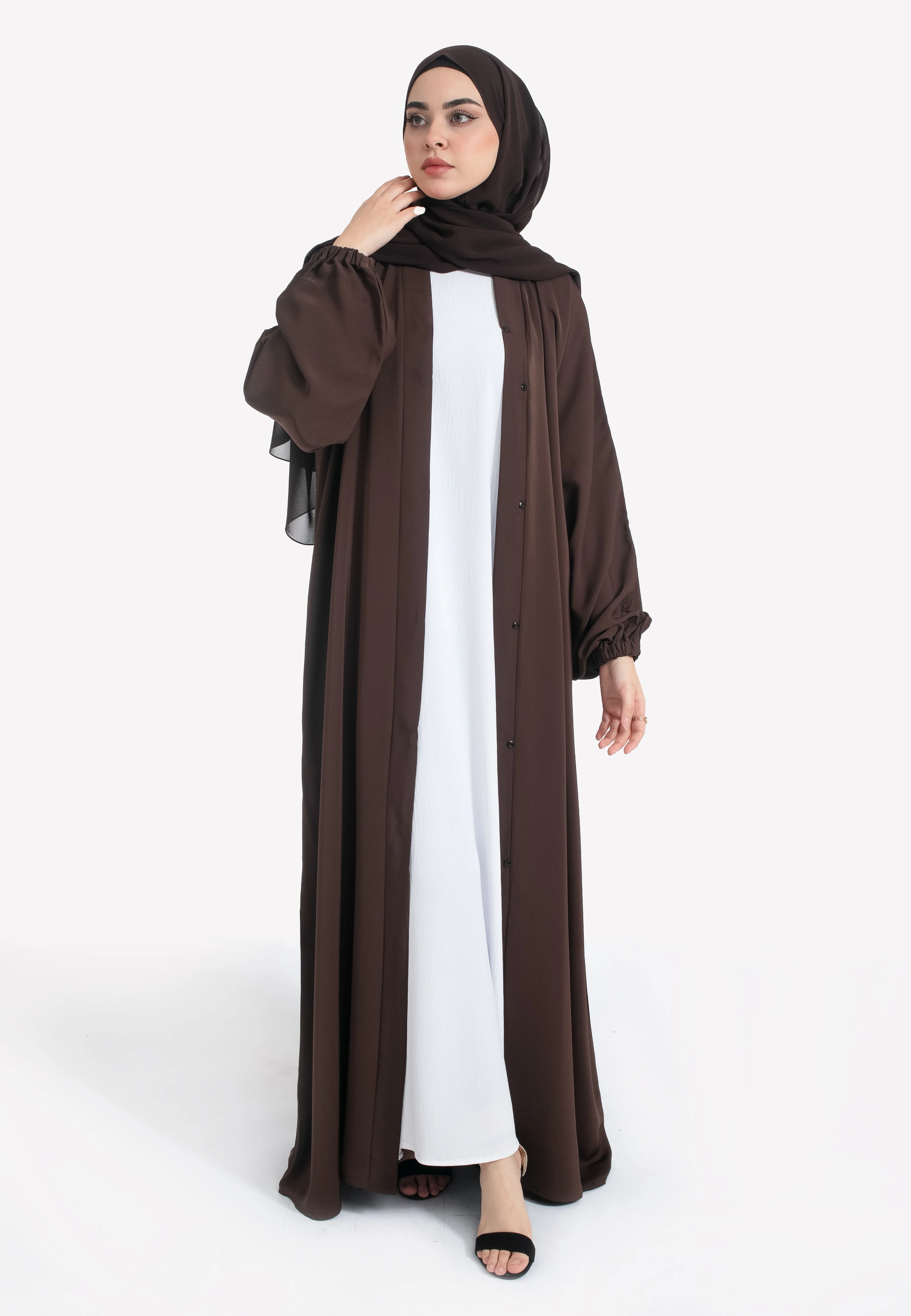 Plain Brown Open Abaya With Elasticated Cuff Sleeves - Hayah Al-Muslimah