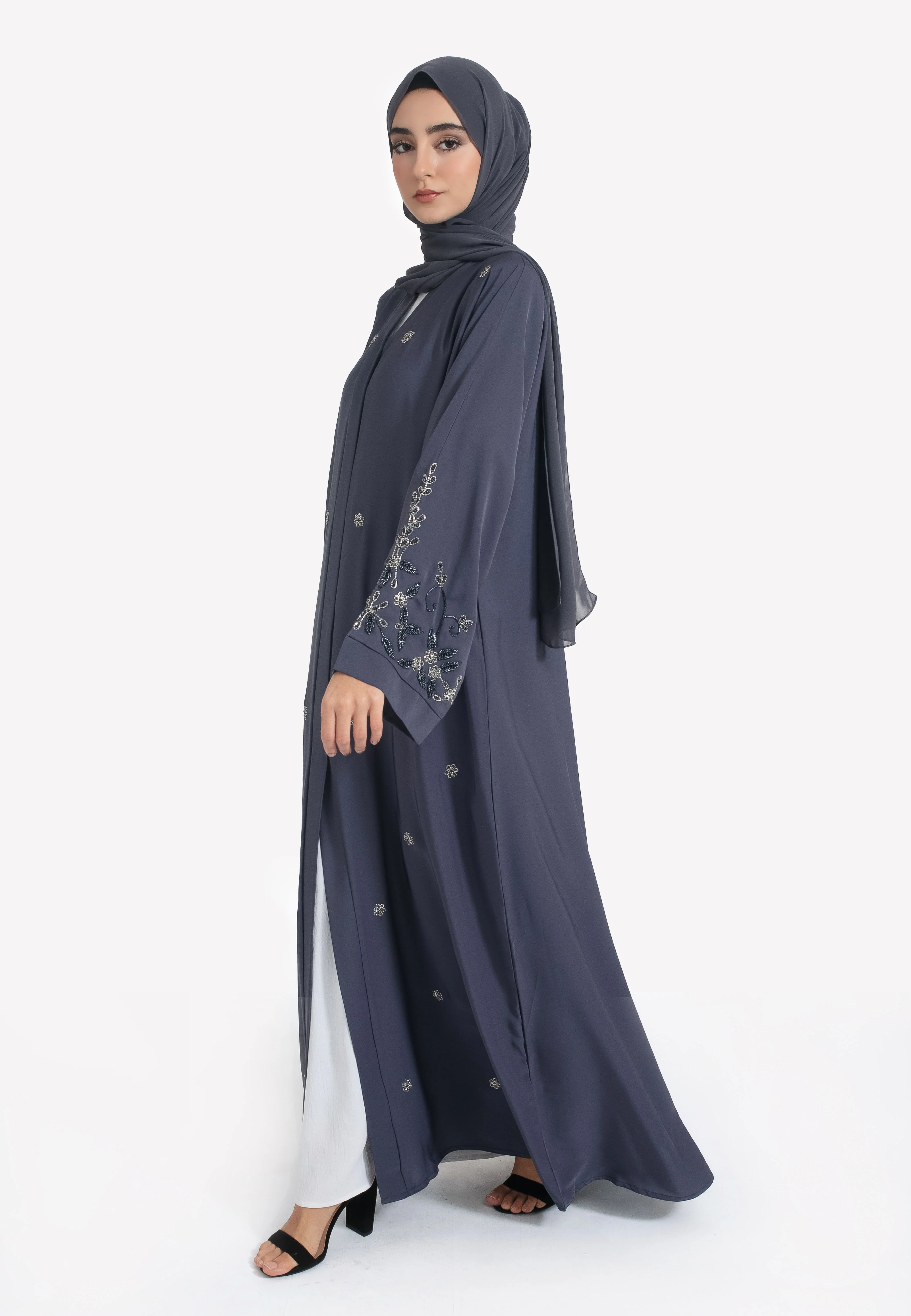 Ash Grey Embellished Open Abaya - Hayah Al-Muslimah