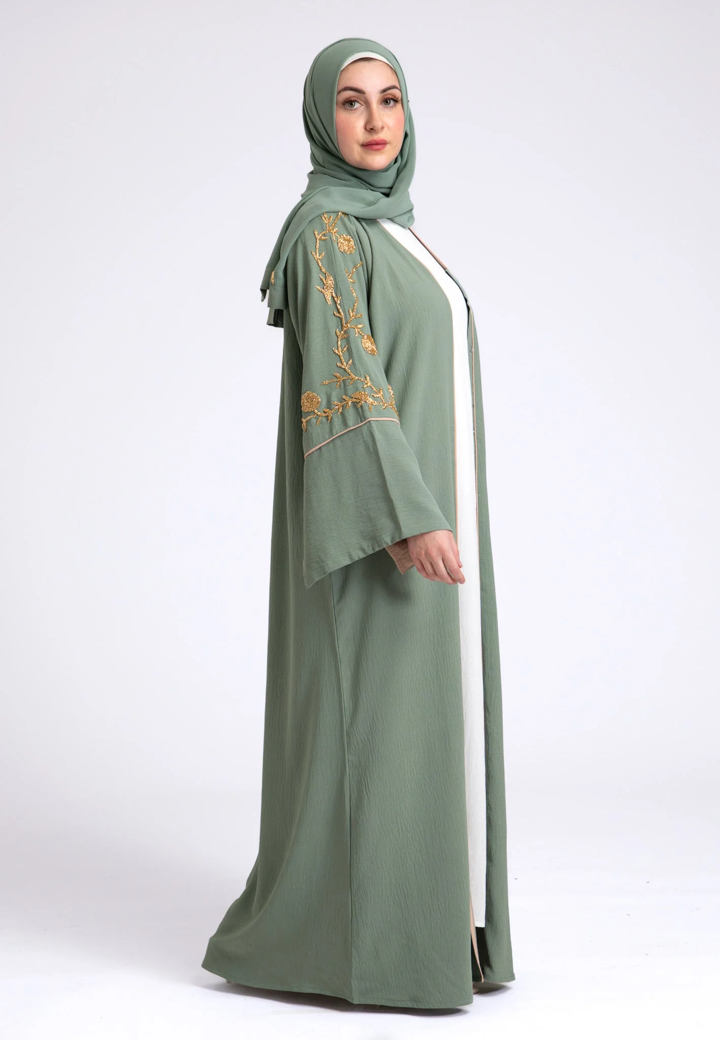 Luxury Sage Green Embellished Open Abaya (Premium) - Hayah Al-Muslimah