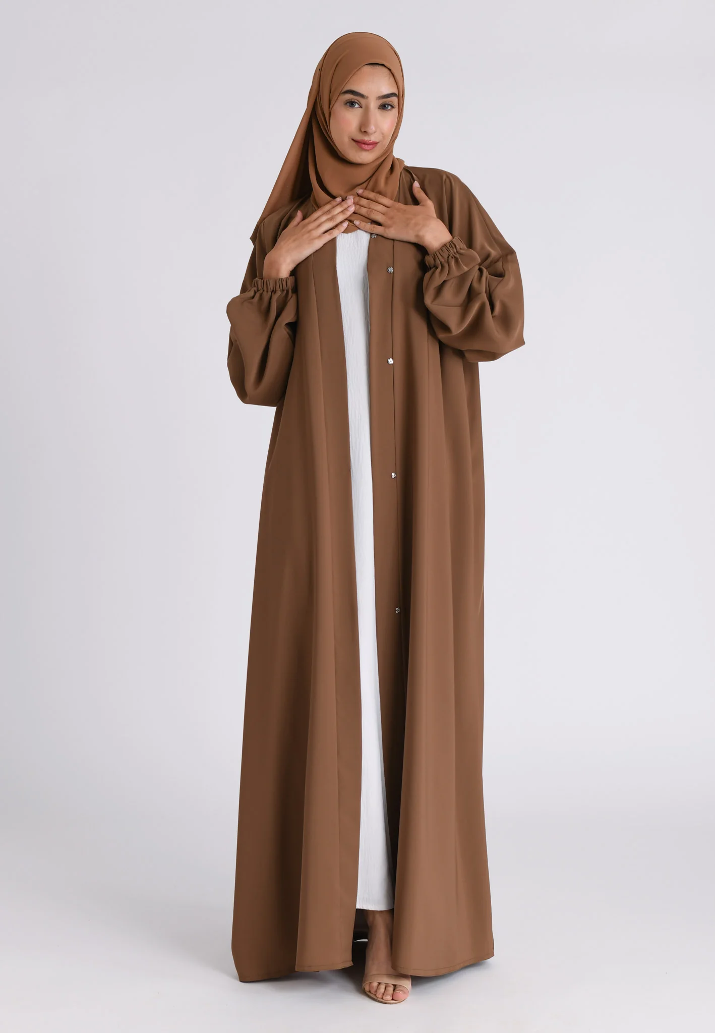 Toffee Plain Open Abaya With Elasticated Cuff Sleeves (Premium) - Hayah Al-Muslimah