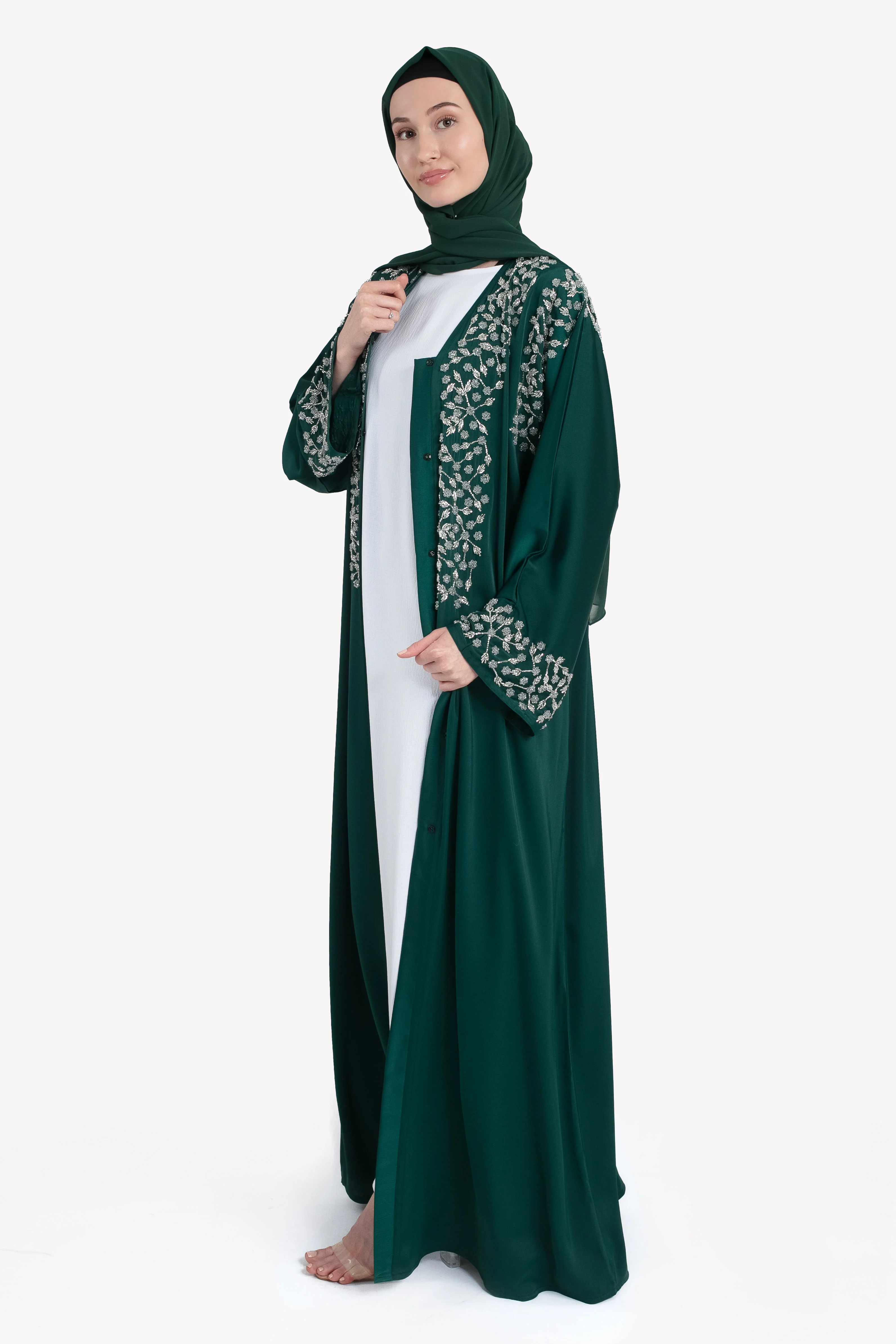 Mystic Emerald Embellished Satin Open Abaya - Hayah Al-Muslimah