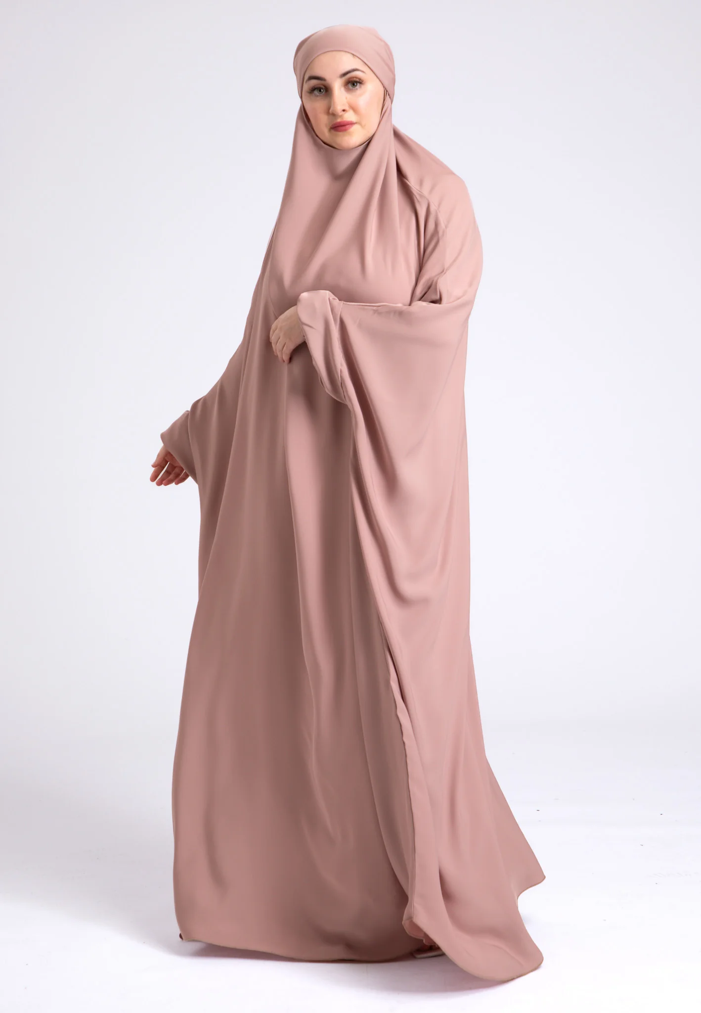 Nude One-Piece Full Length Jilbab With Elasticated Cuff - Prayer / Abaya Dress (Premium) - Hayah Al-Muslimah