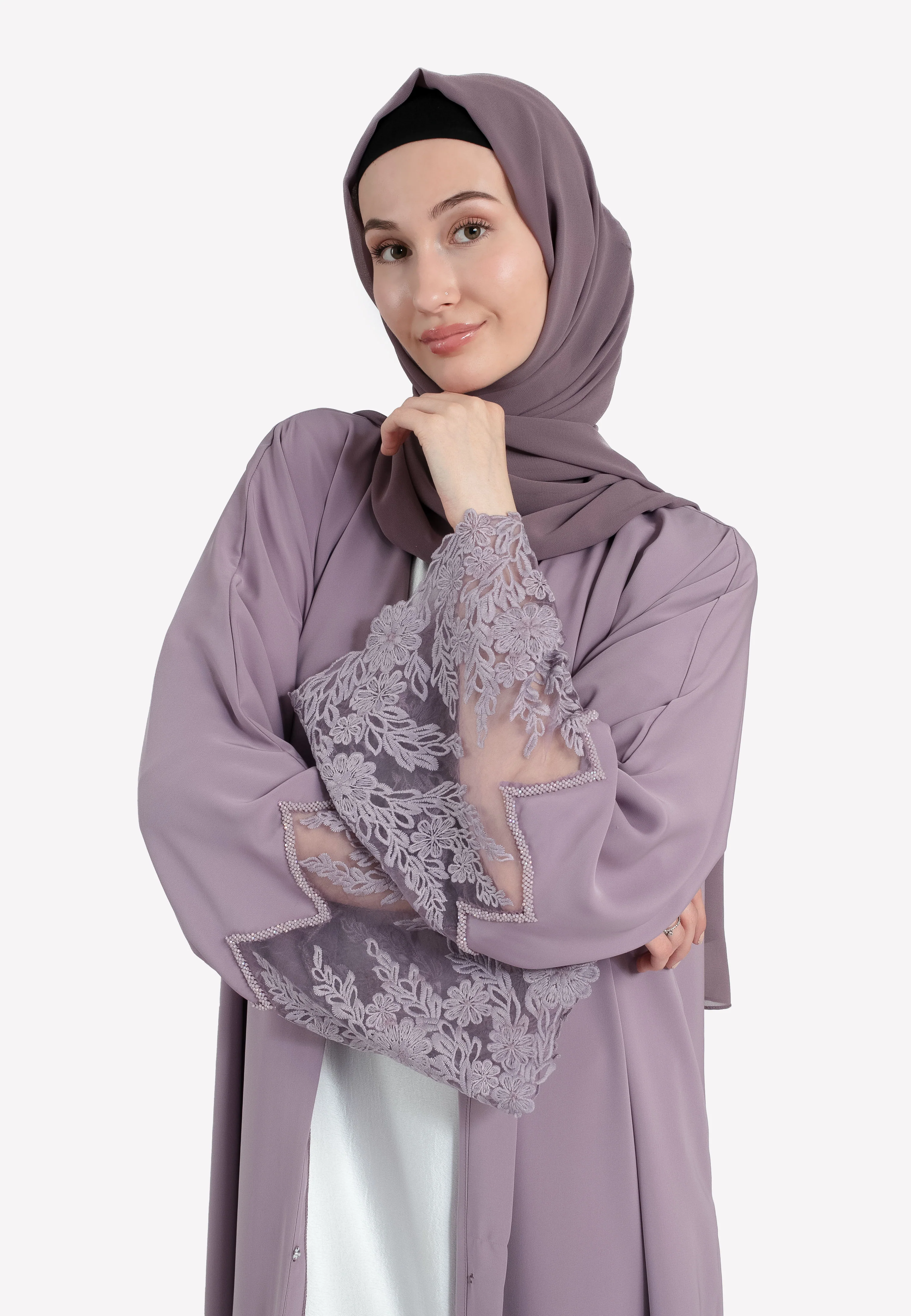 Luxury Lilac Open Abaya With Floral Lace Detailing - Hayah Al-Muslimah