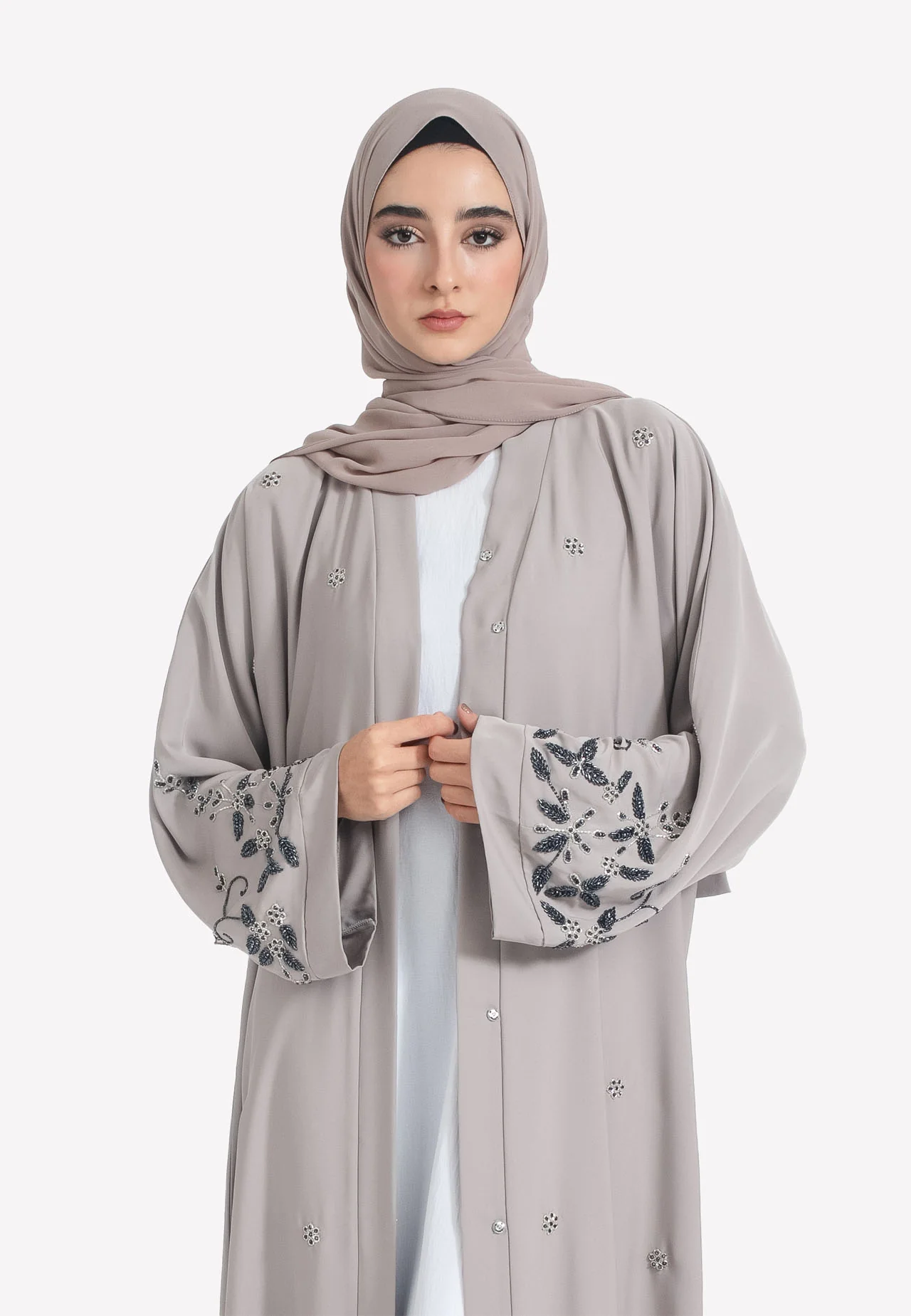 French Taupe Embellished Open Abaya - Hayah Al-Muslimah
