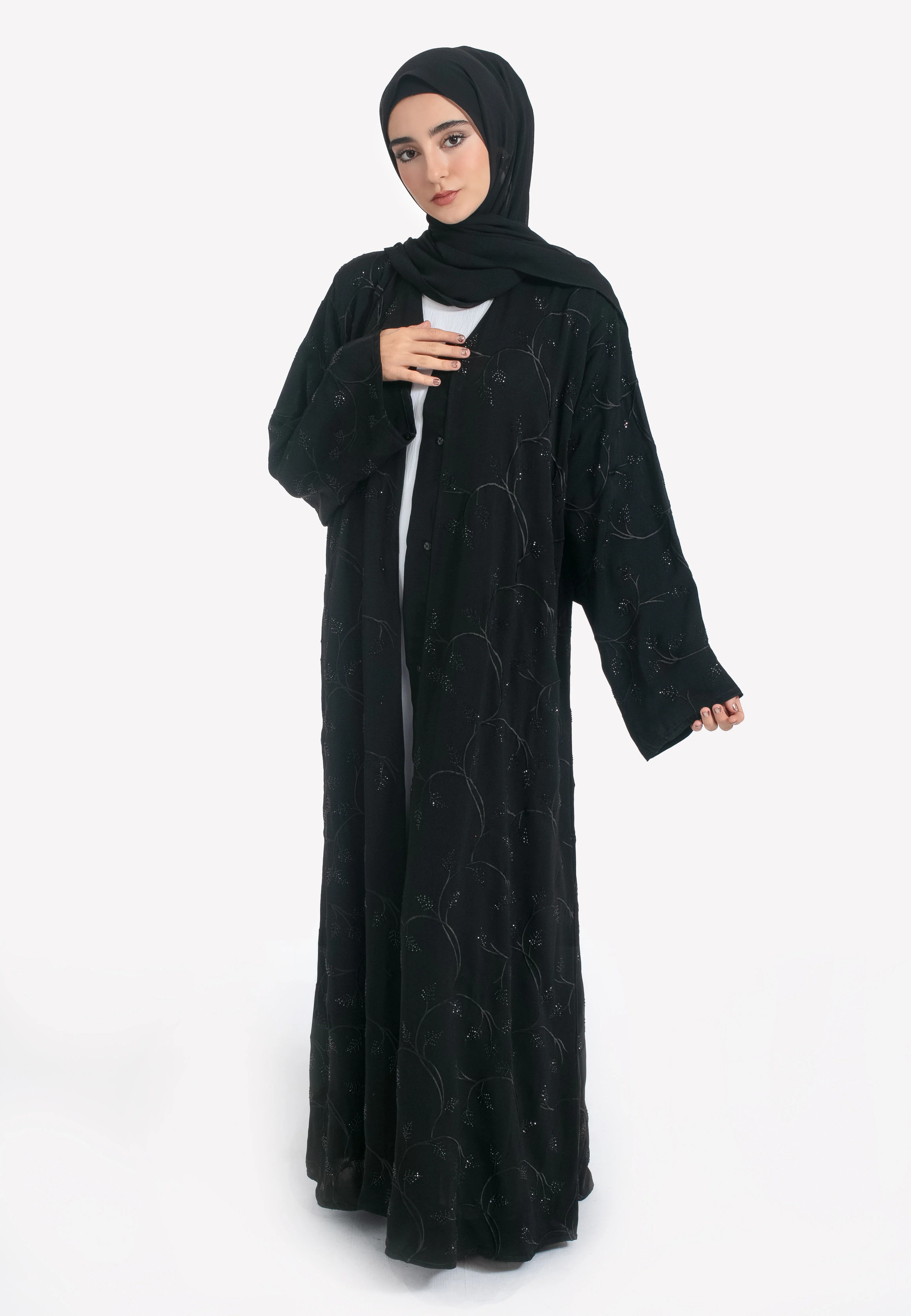 Black on Black Foliage Embroidered Open Abaya - Hayah Al-Muslimah