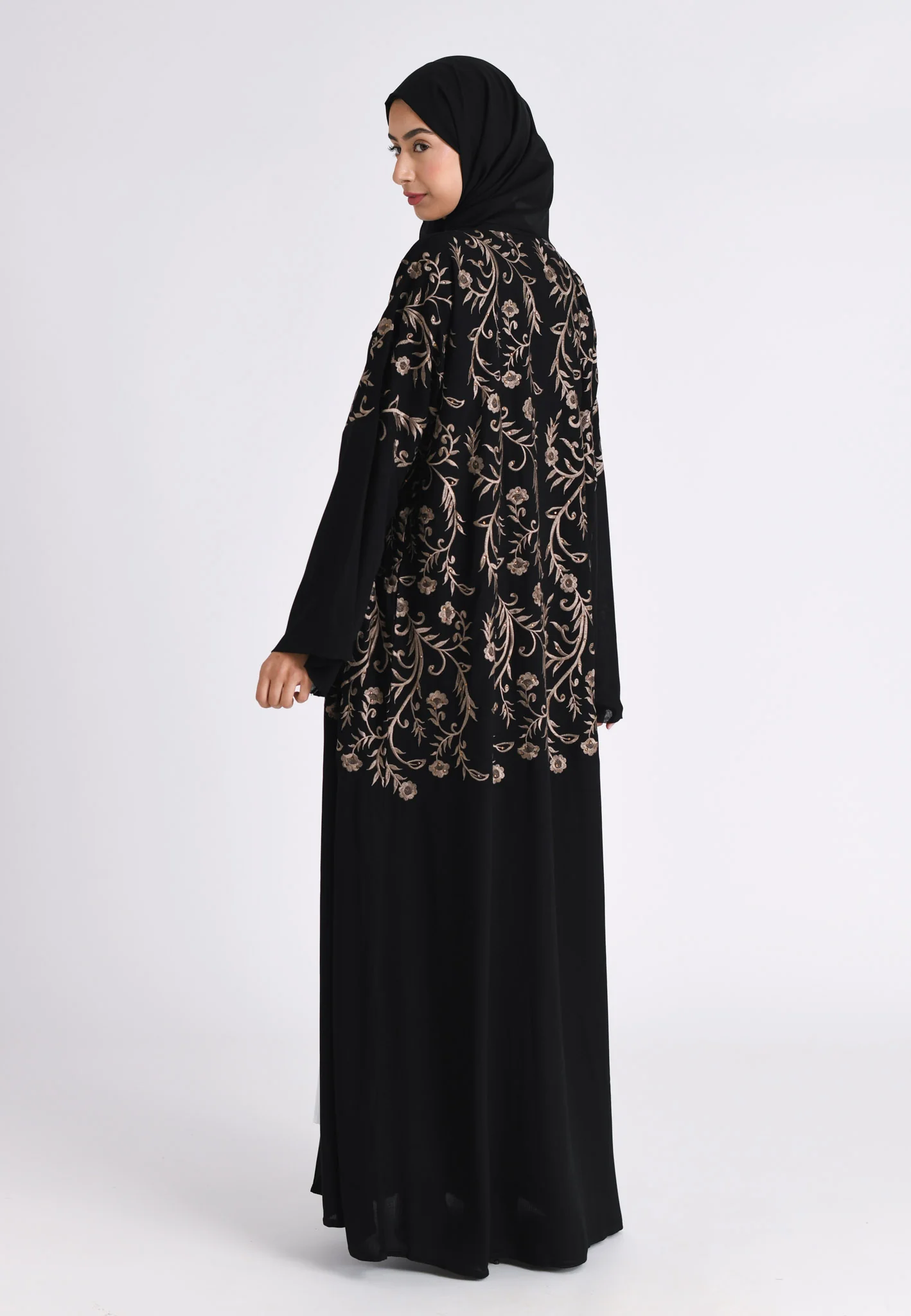 Black & Bronze Floral Kimono Open Abaya (Premium) - Hayah Al-Muslimah