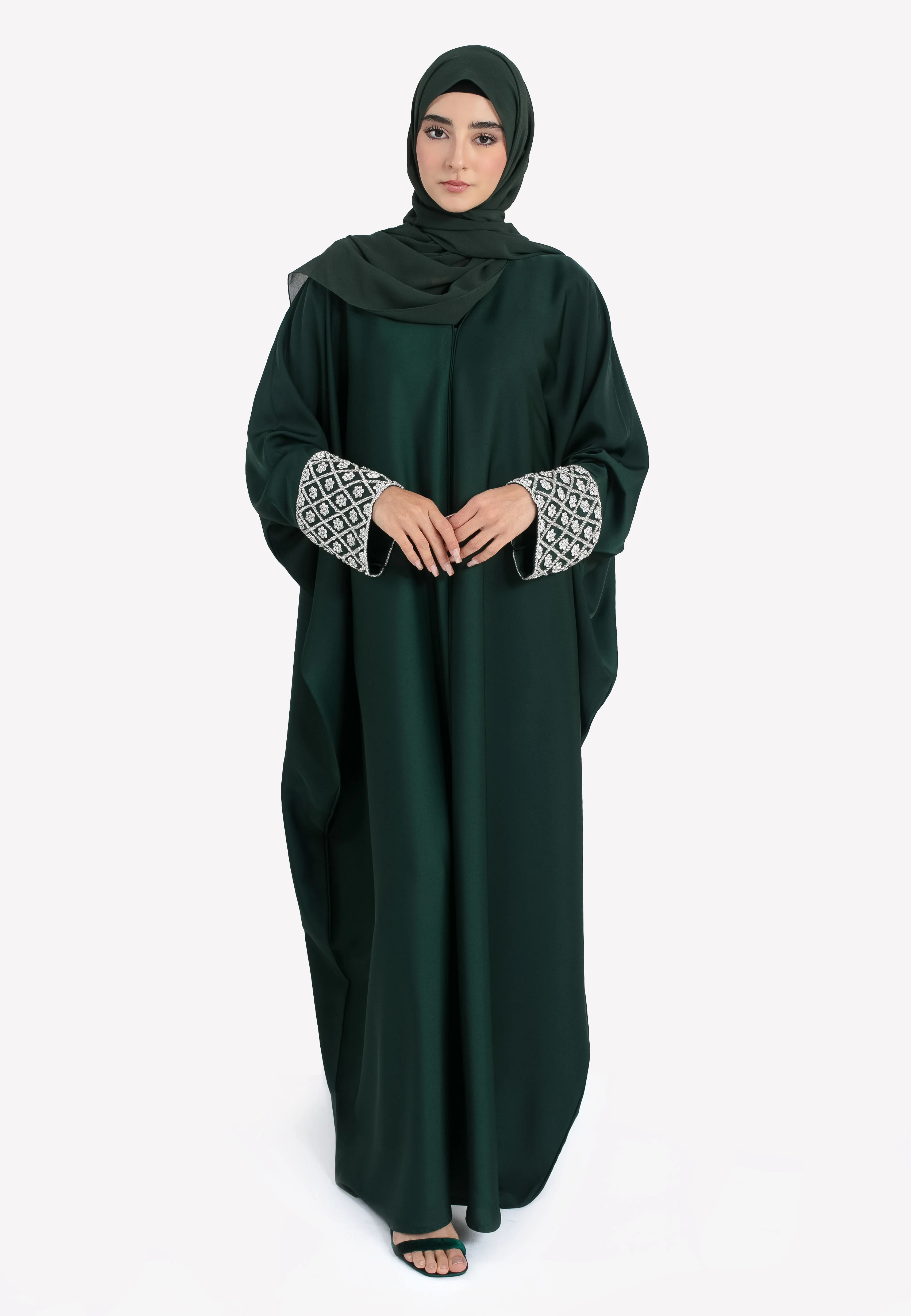 Luxury Forest Closed Farasha with Jewel Embellished Cuffs - Hayah Al-Muslimah