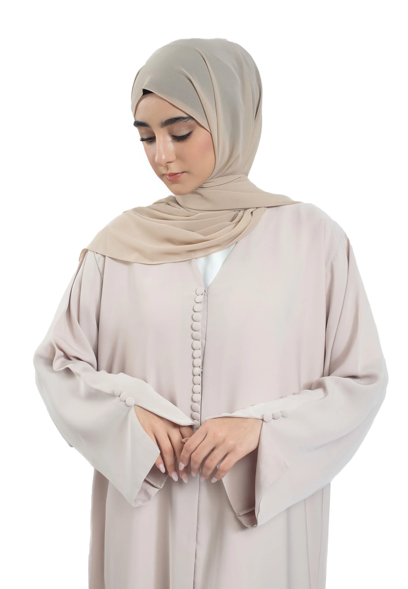 Premium Beige Open Abaya with Slit Sleeves - Hayah Al-Muslimah