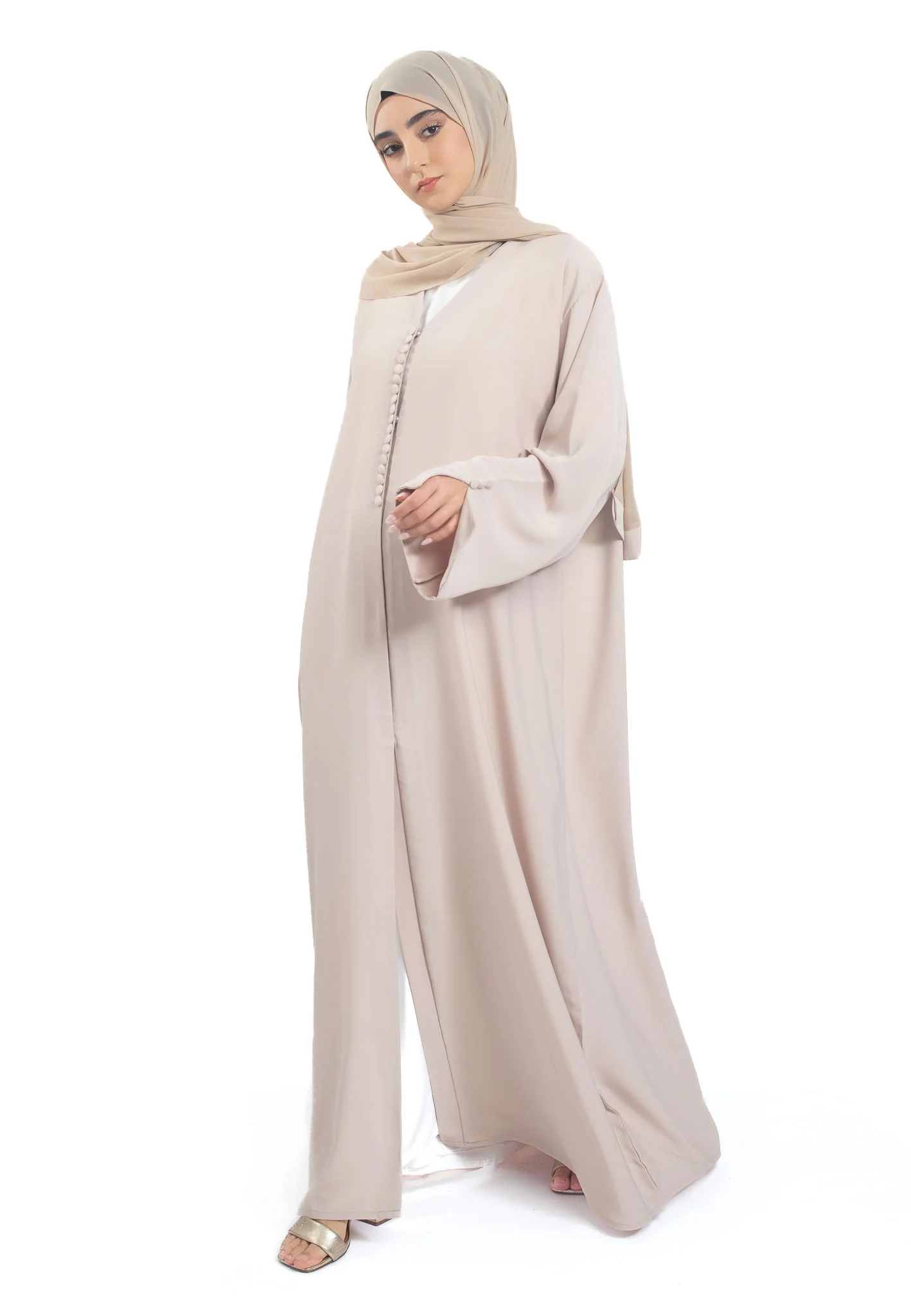 Premium Beige Open Abaya with Slit Sleeves - Hayah Al-Muslimah
