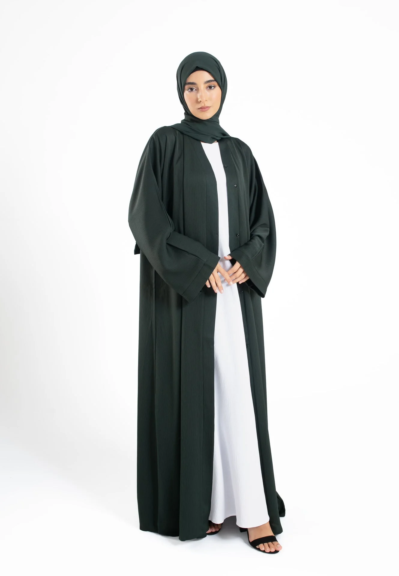 Plain Textured Open Abaya - Forest Green - Hayah Al-Muslimah