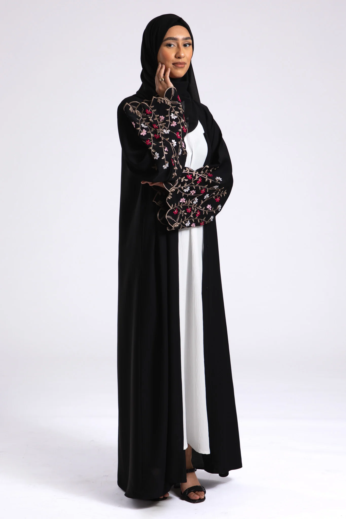 Secret Paradise Bloom Embroidered Open Abaya (Premium) - Hayah Al-Muslimah
