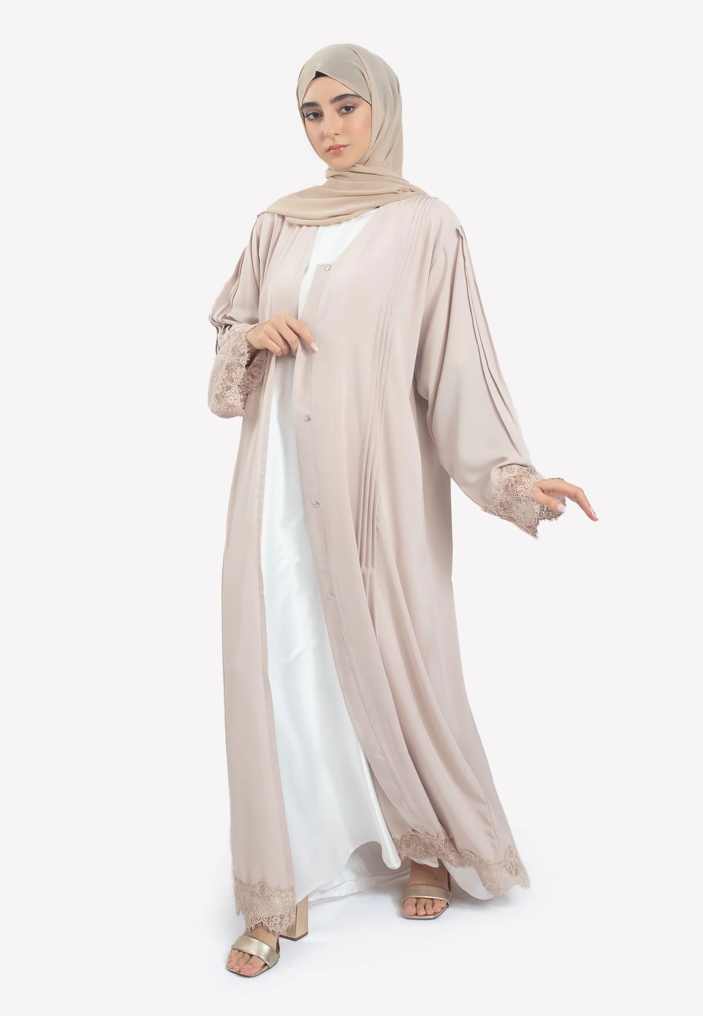 Premium Beige Open Abaya with Intricate Detailing - Hayah Al-Muslimah