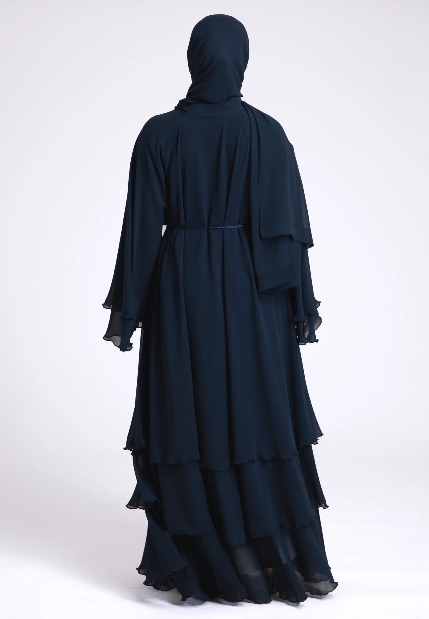 Luxury Navy 3 Layered Open Abaya with Inner Dress - Hayah Al-Muslimah