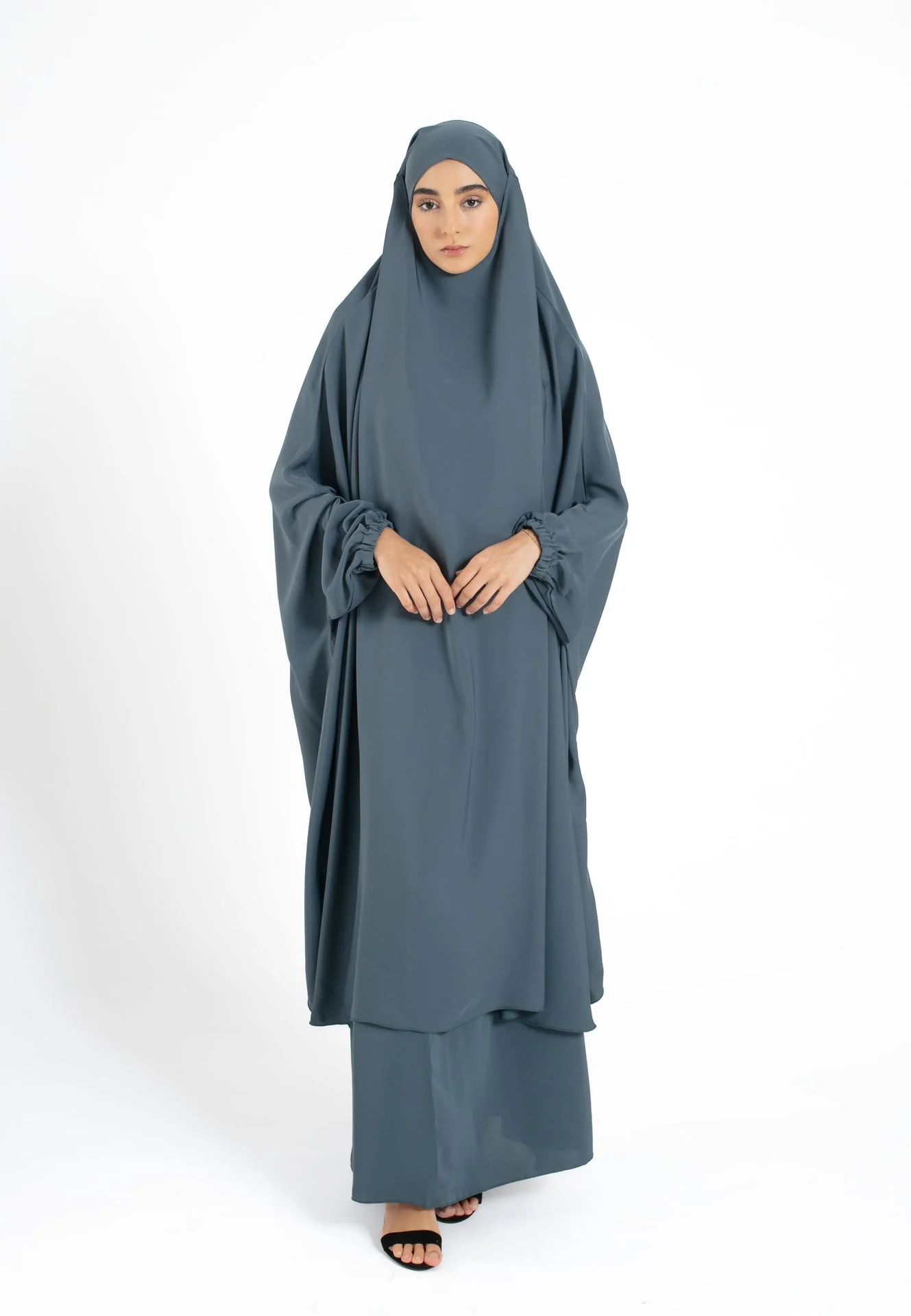 Two-Piece Jilbab / Prayer Set Dress With Elasticated Sleeves - Slate Grey - Hayah Al-Muslimah