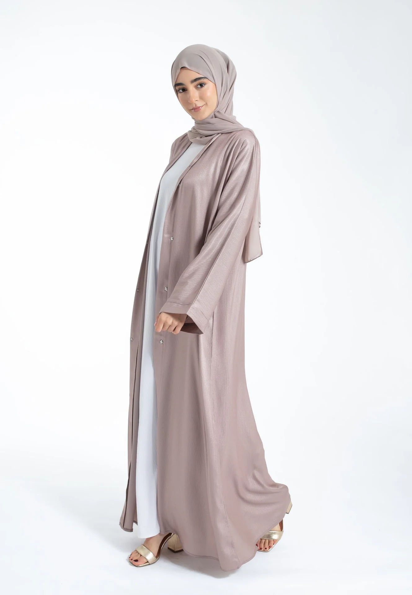 Shimmer Textured Open Abaya - Mink - Hayah Al-Muslimah
