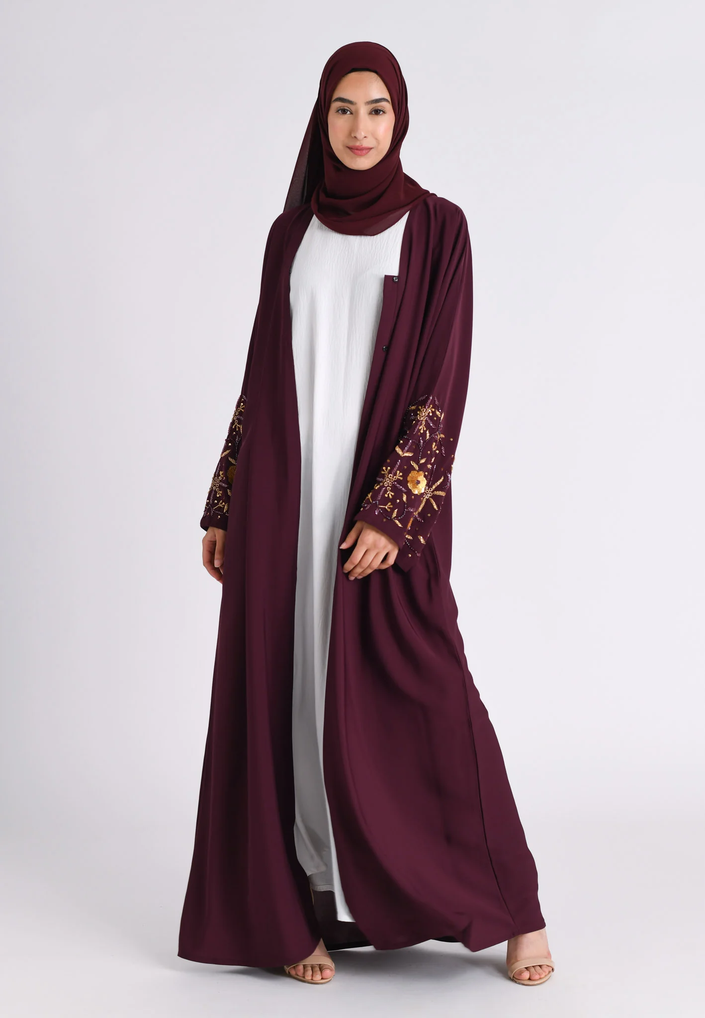 Luxury Dark Cherry Embellished Open Abaya (Premium) - Hayah Al-Muslimah