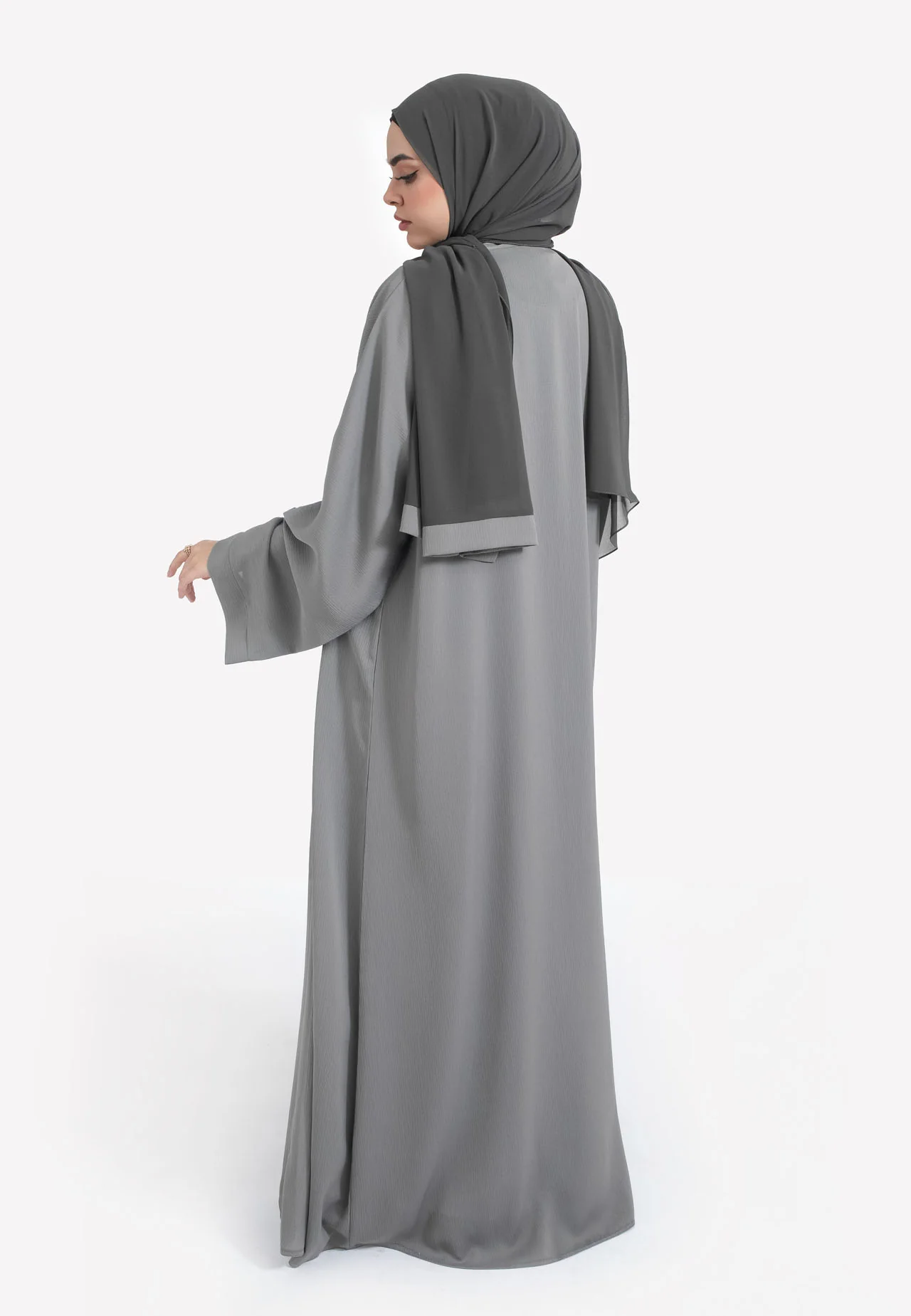 Plain Pebble Grey Textured Open Abaya - Hayah Al-Muslimah