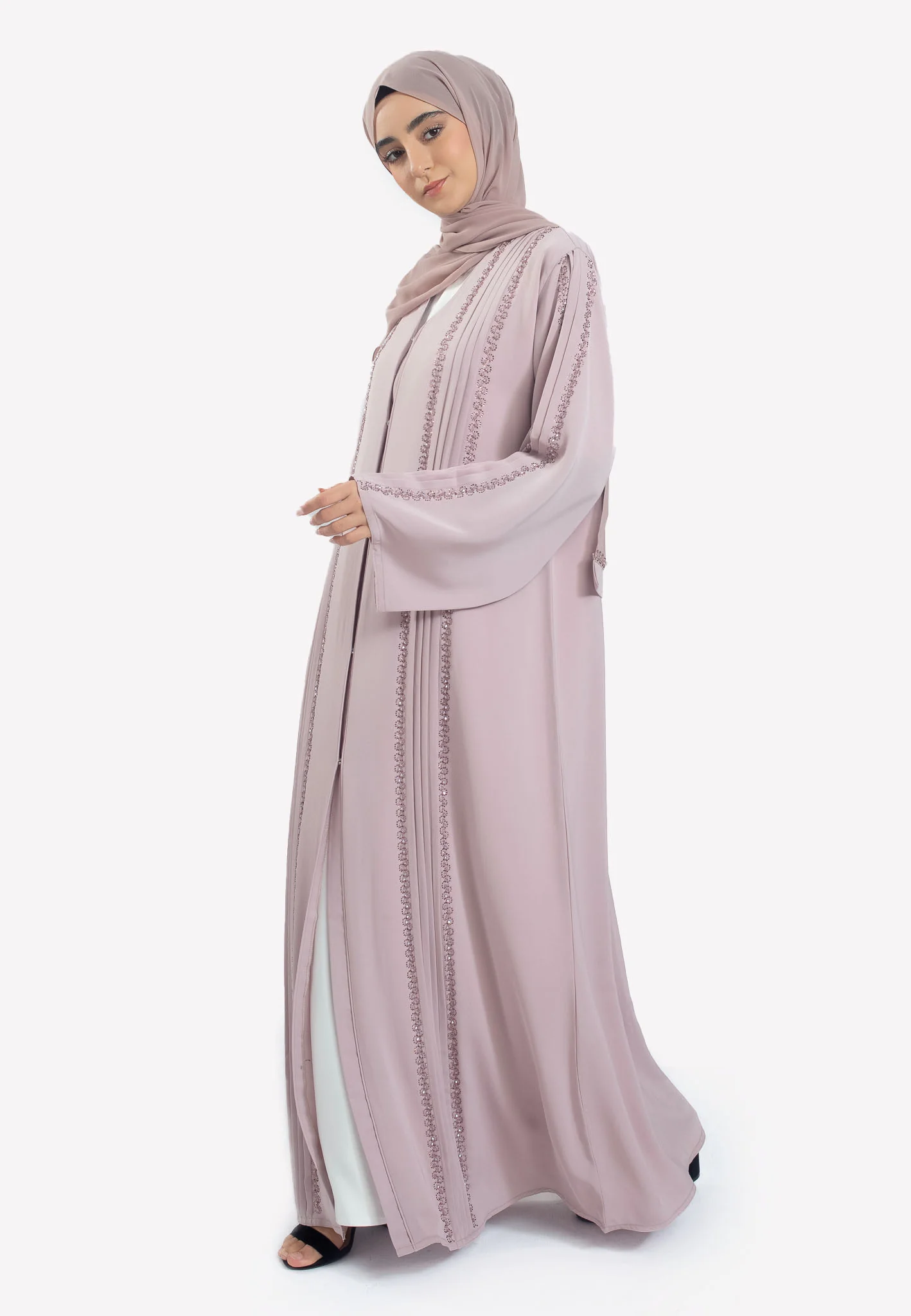 Premium Blush Seraphina Open Abaya with Pleated Front & Swarovski Crystals - Hayah Al-Muslimah