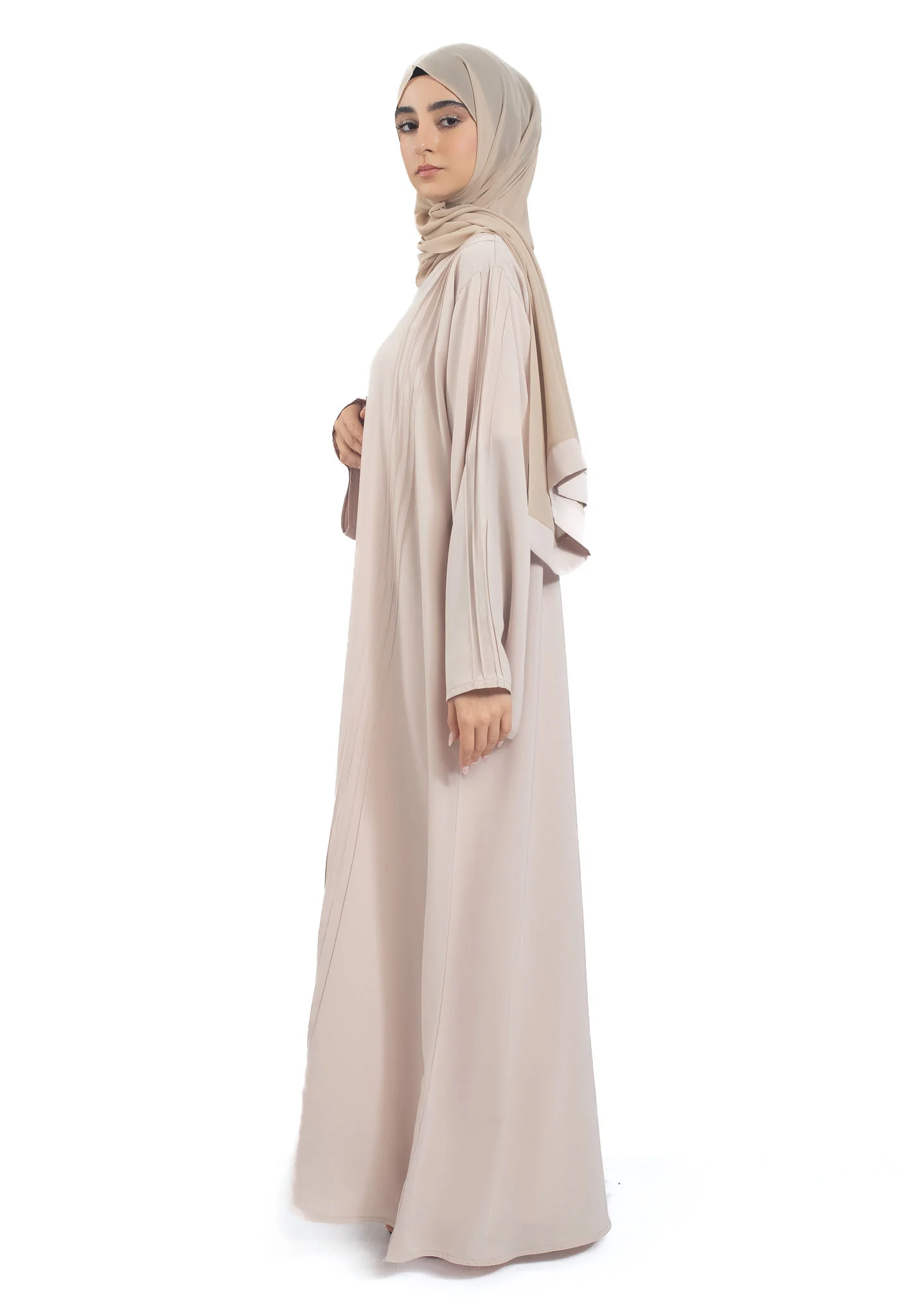 Premium Beige Closed Abaya with Pleats Detailing - Hayah Al-Muslimah