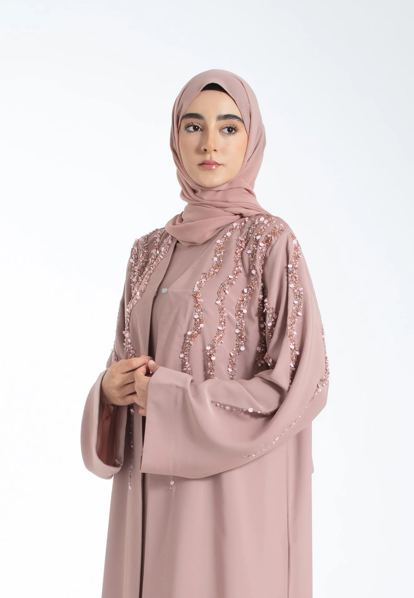 Luxury Crushed Rose Quartz Embellished Abaya Set - Hayah Al-Muslimah