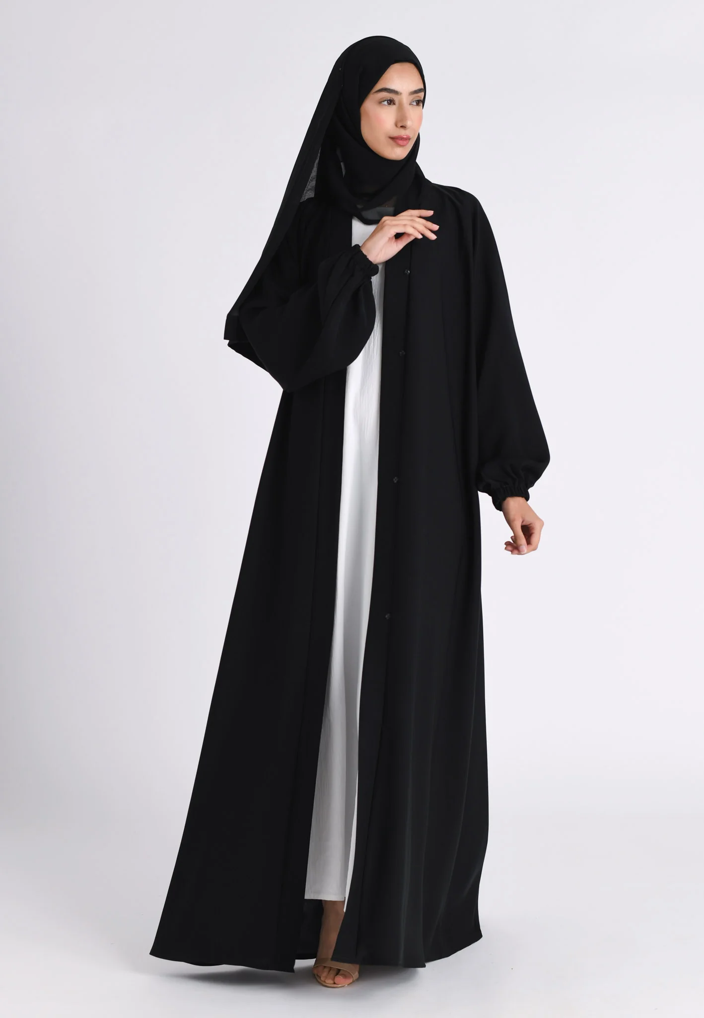 Plain Black Open Abaya With Elasticated Cuff Sleeves (Premium) - Hayah Al-Muslimah