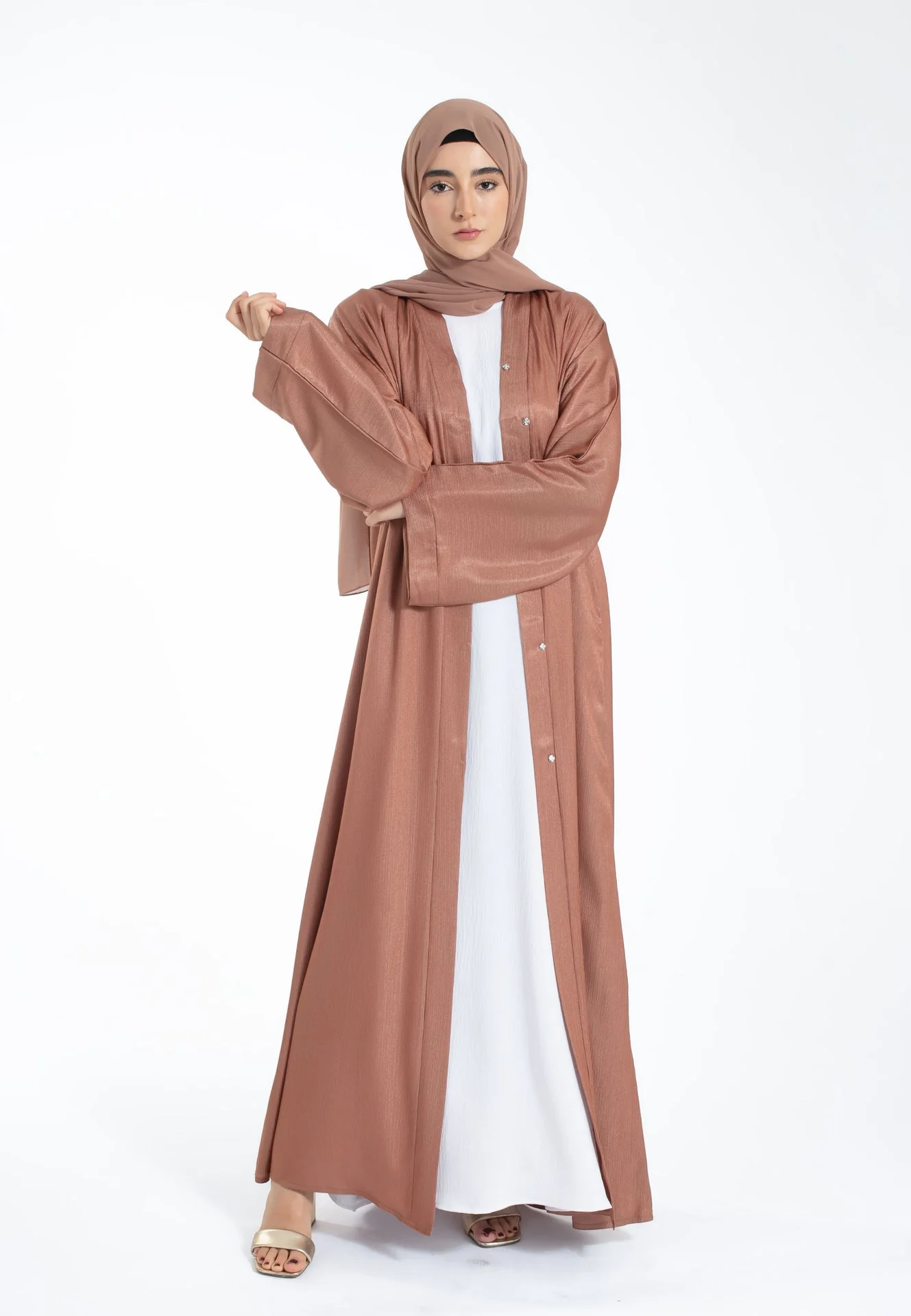 Shimmer Textured Open Abaya - Copper - Hayah Al-Muslimah