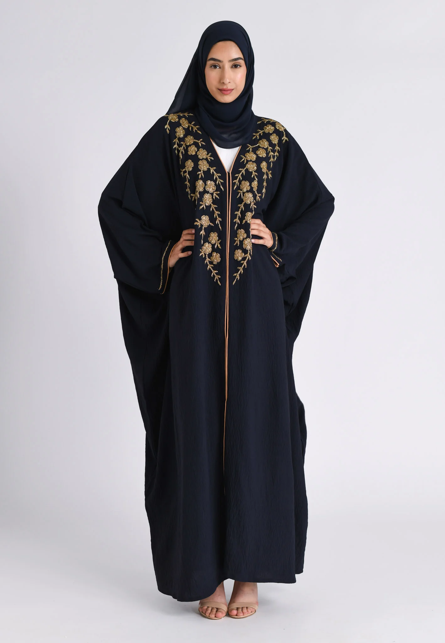 Premium Luxury Navy Embellished Open Farasha Abaya - Hayah Al-Muslimah