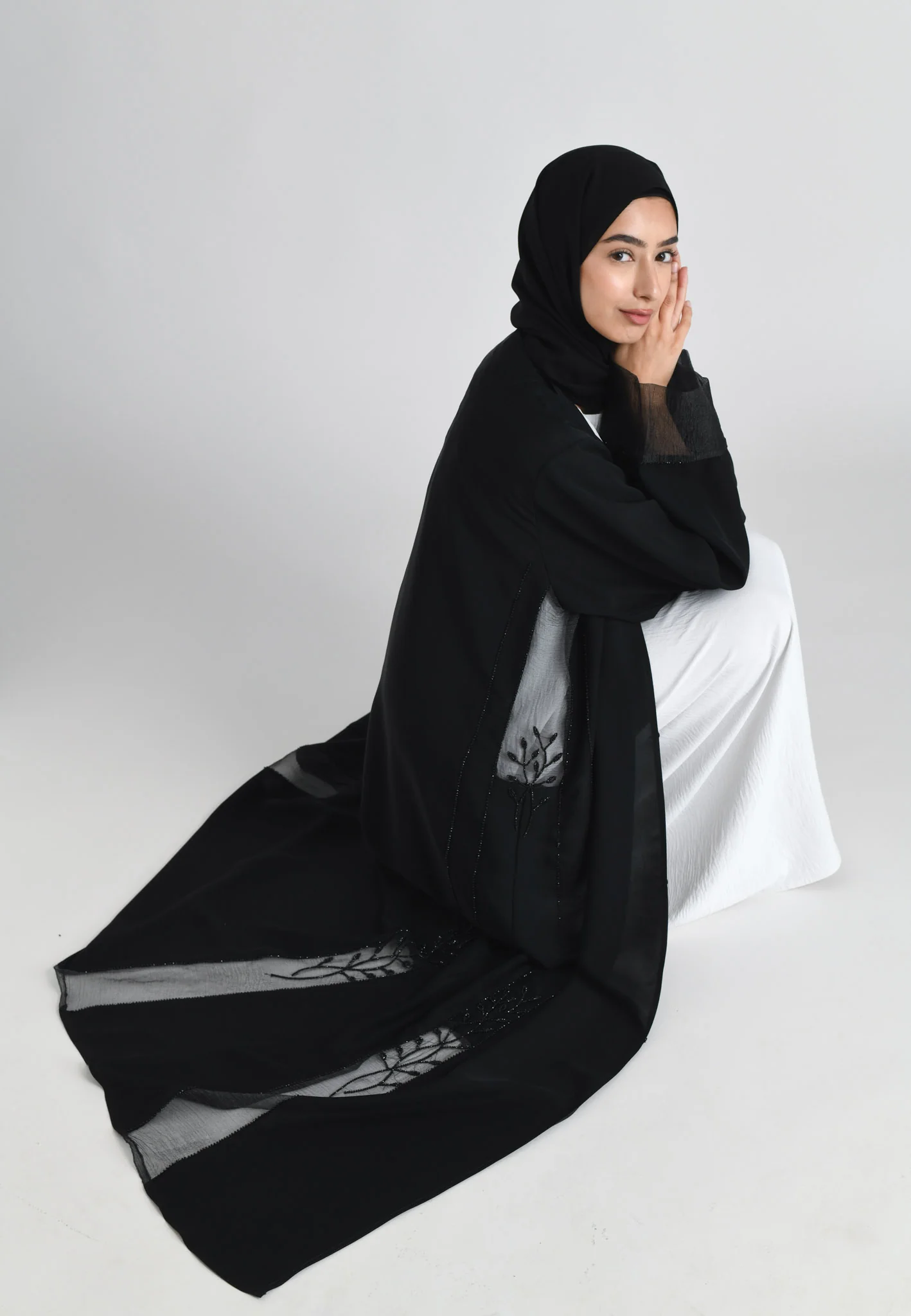 Black On Black Khaleeji Organza Accent Open Abaya - Hayah Al-Muslimah