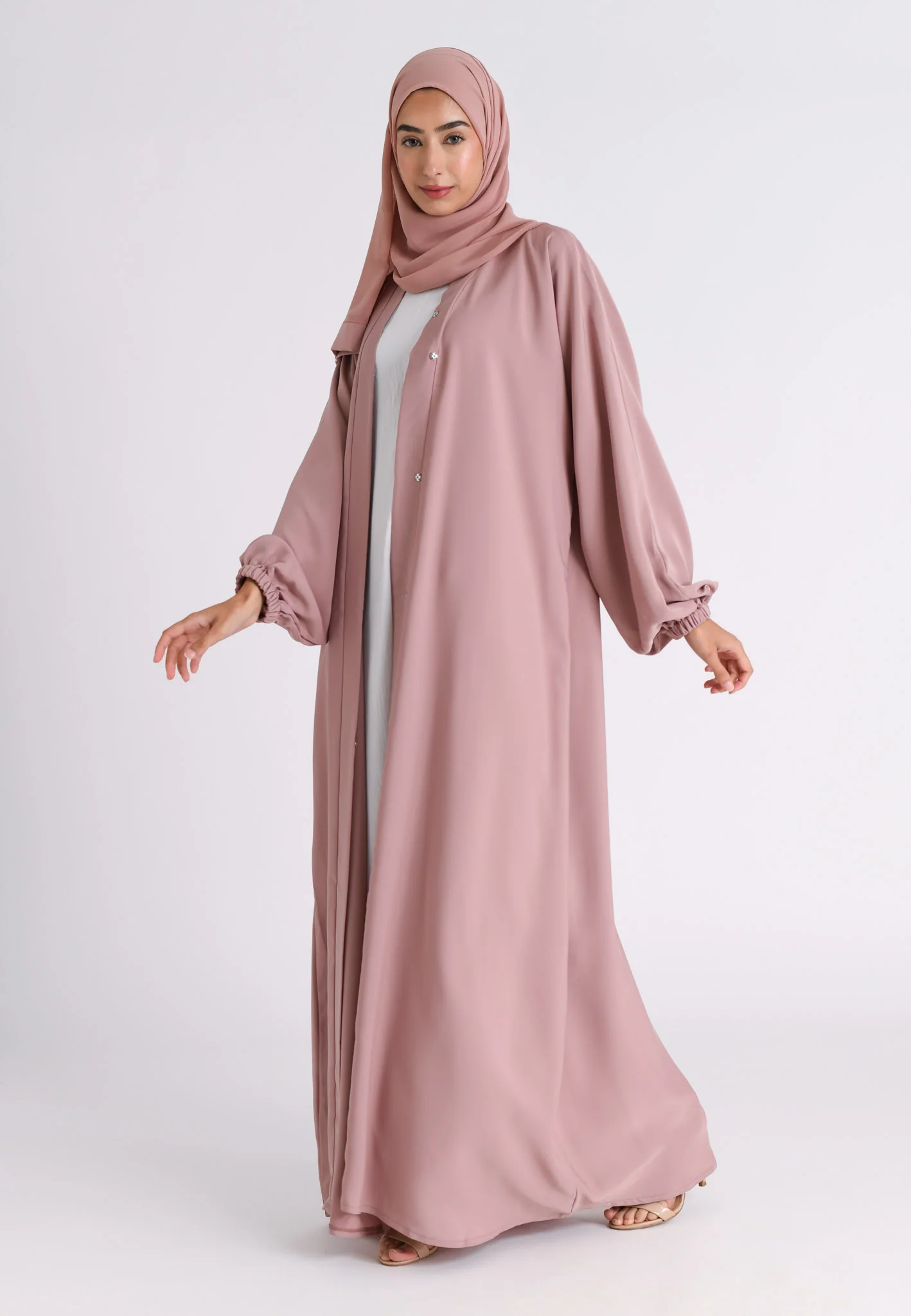 Nude Plain Open Abaya With Elasticated Cuff Sleeves (Premium) - Hayah Al-Muslimah