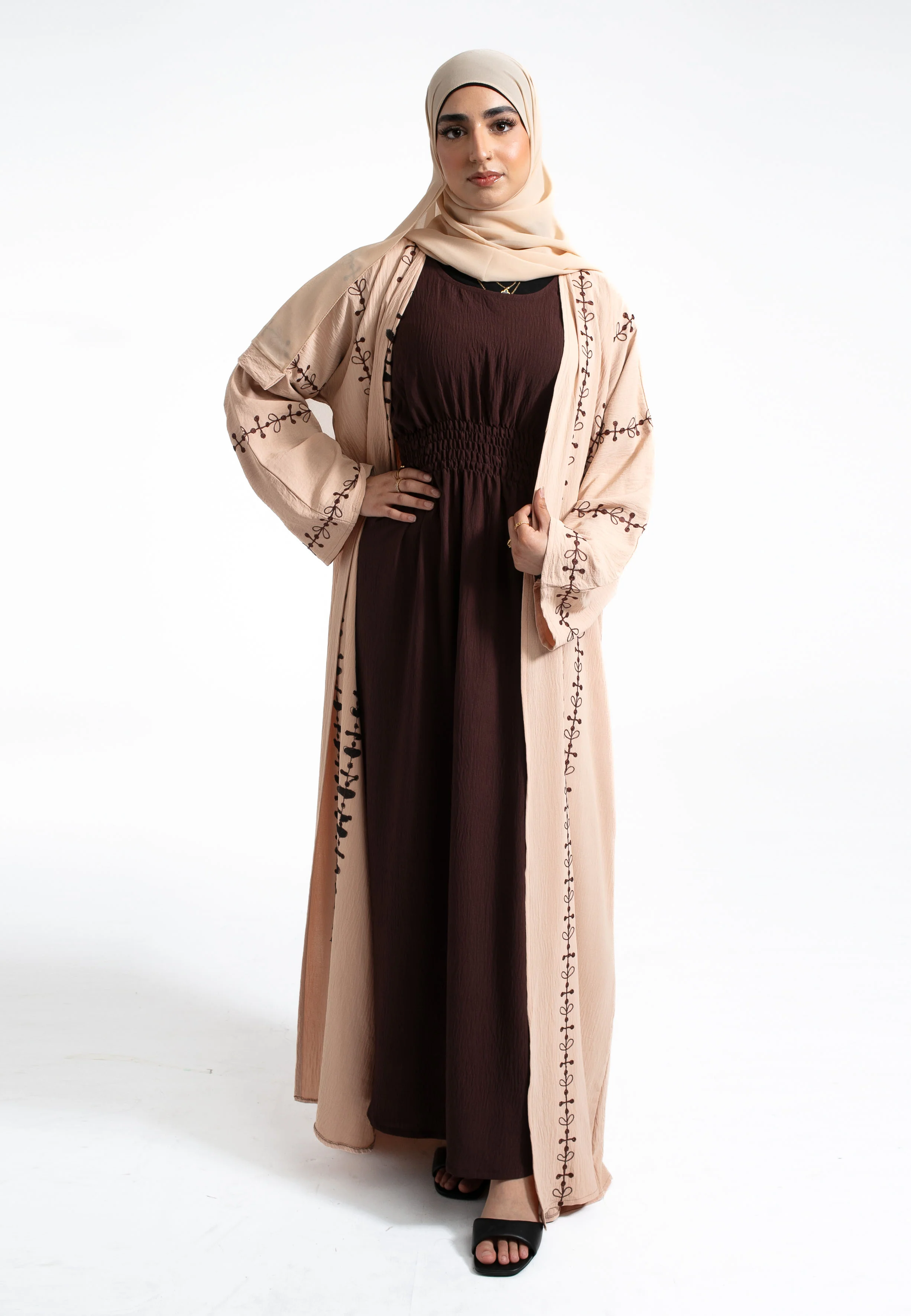 Premium Beige Bliss Open Abaya Set - Hayah Al-Muslimah