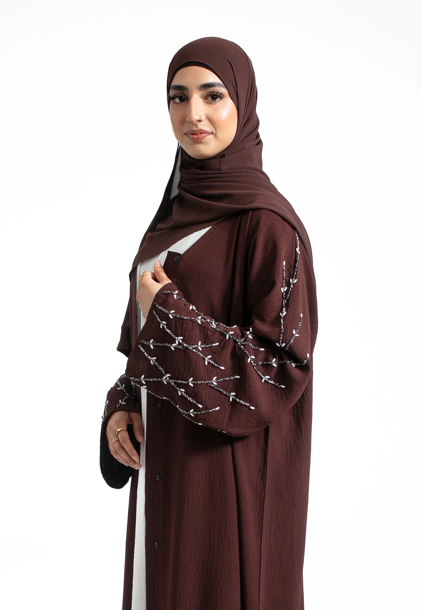 Luxury Sable Brown Embellished Open Abaya (Premium) - Hayah Al-Muslimah